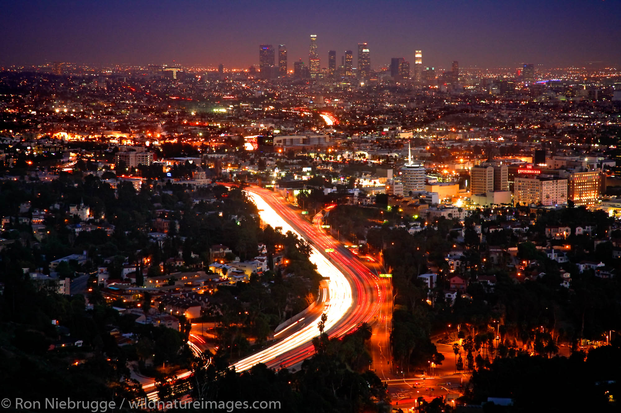 Hollywood and downtown Los Angeles at night, California.