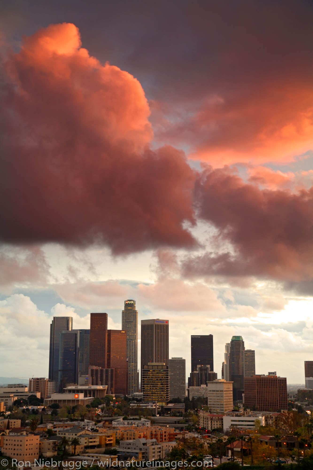 Los Angeles city skyline during a colorful sunset, Los Angeles, California.