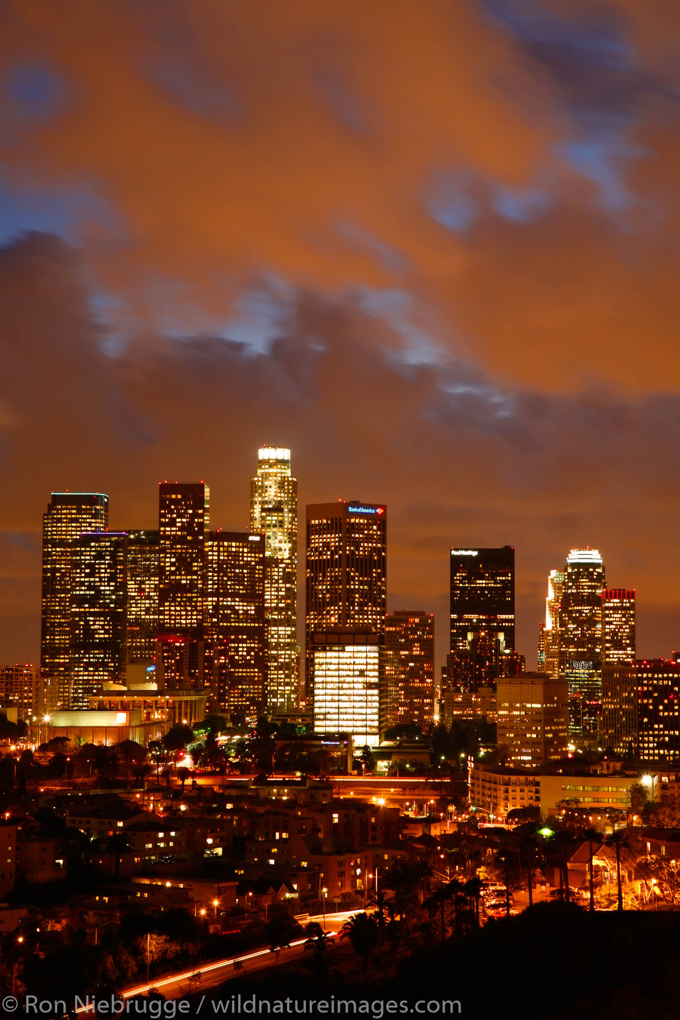 Los Angeles city skyline in the evening, Los Angeles, California.