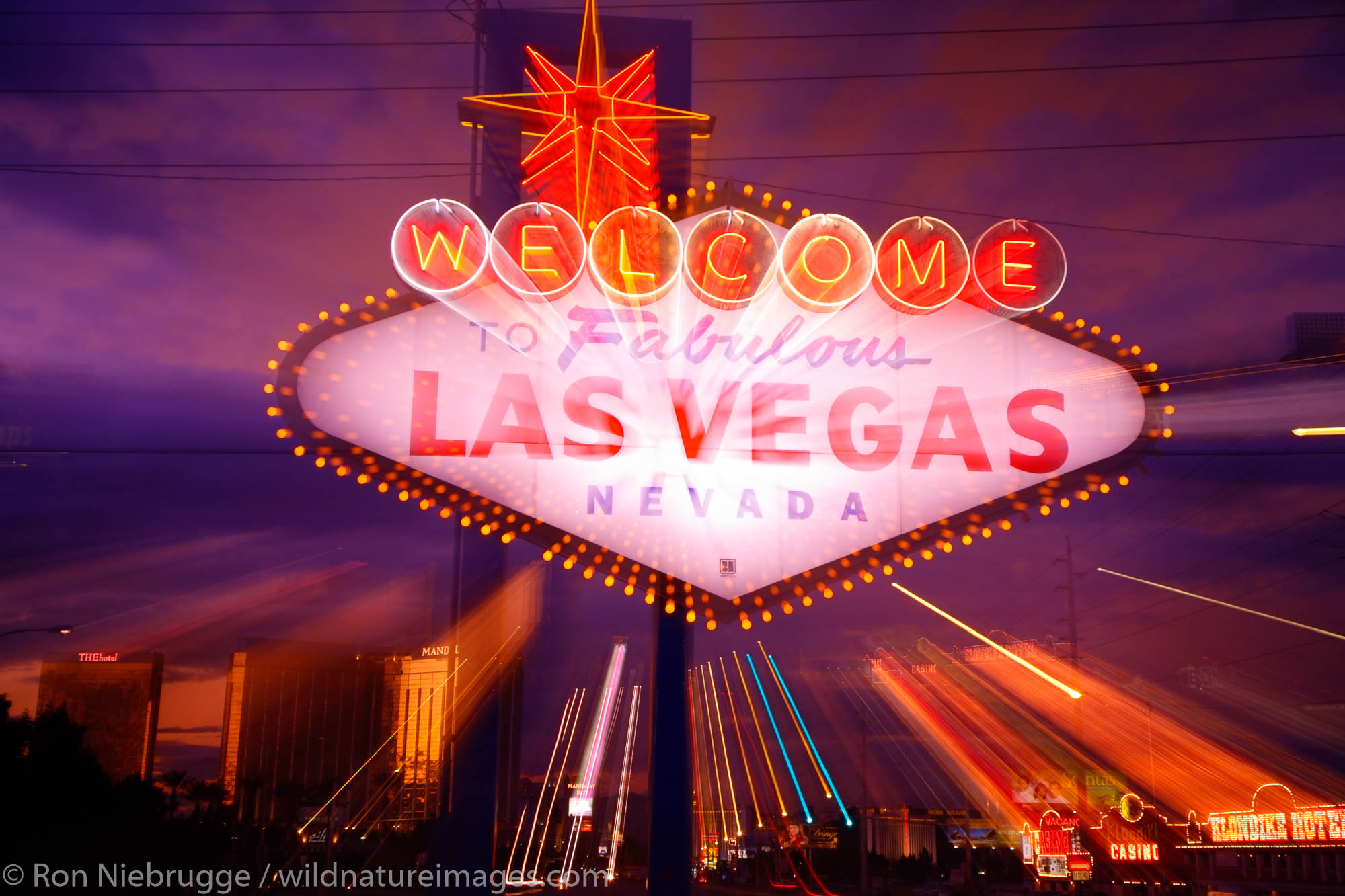The Welcome to Las Vegas sign at night, Las Vegas, Nevada.