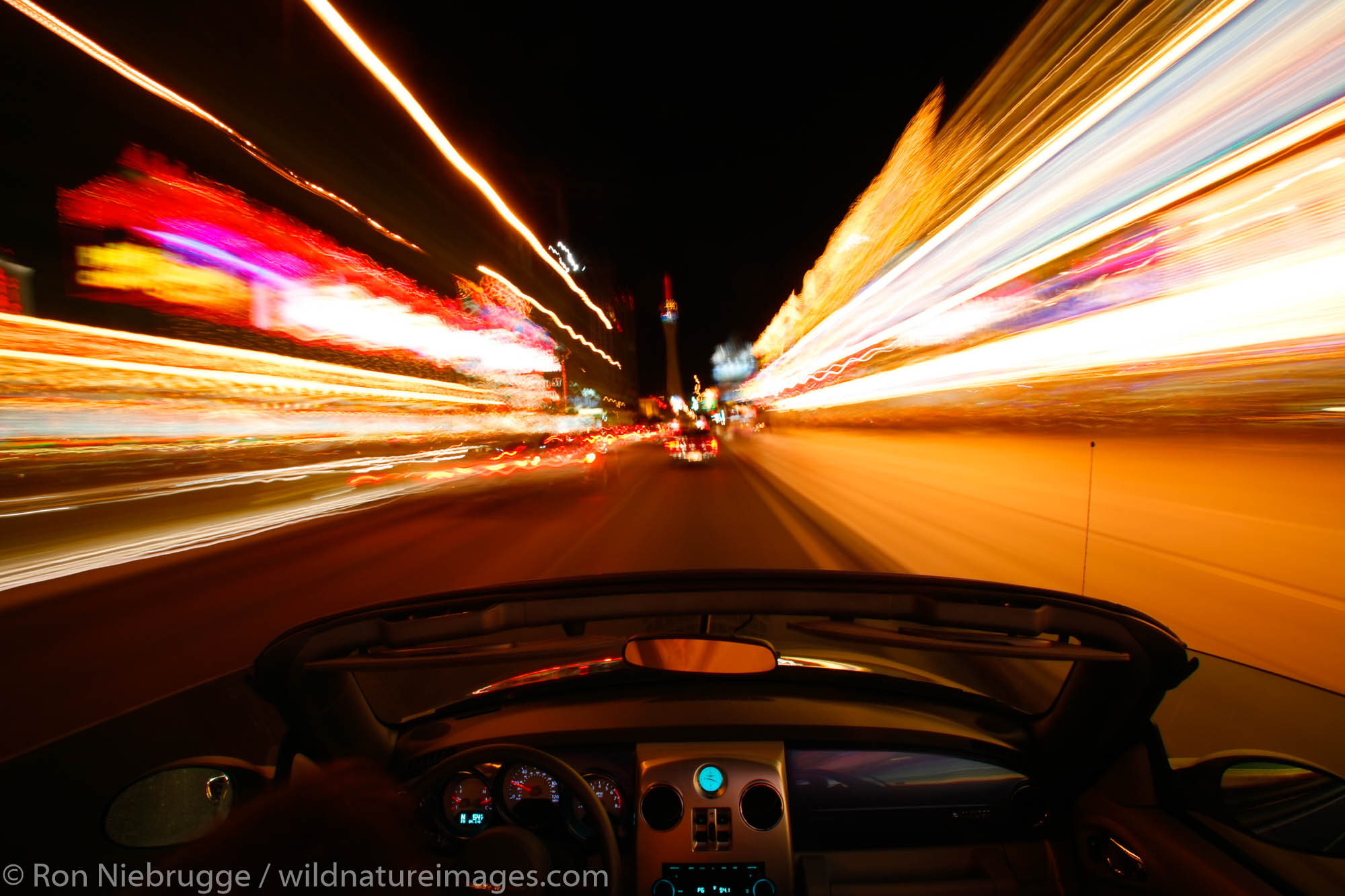 Driving down The Strip at night, Las Vegas, Nevada.