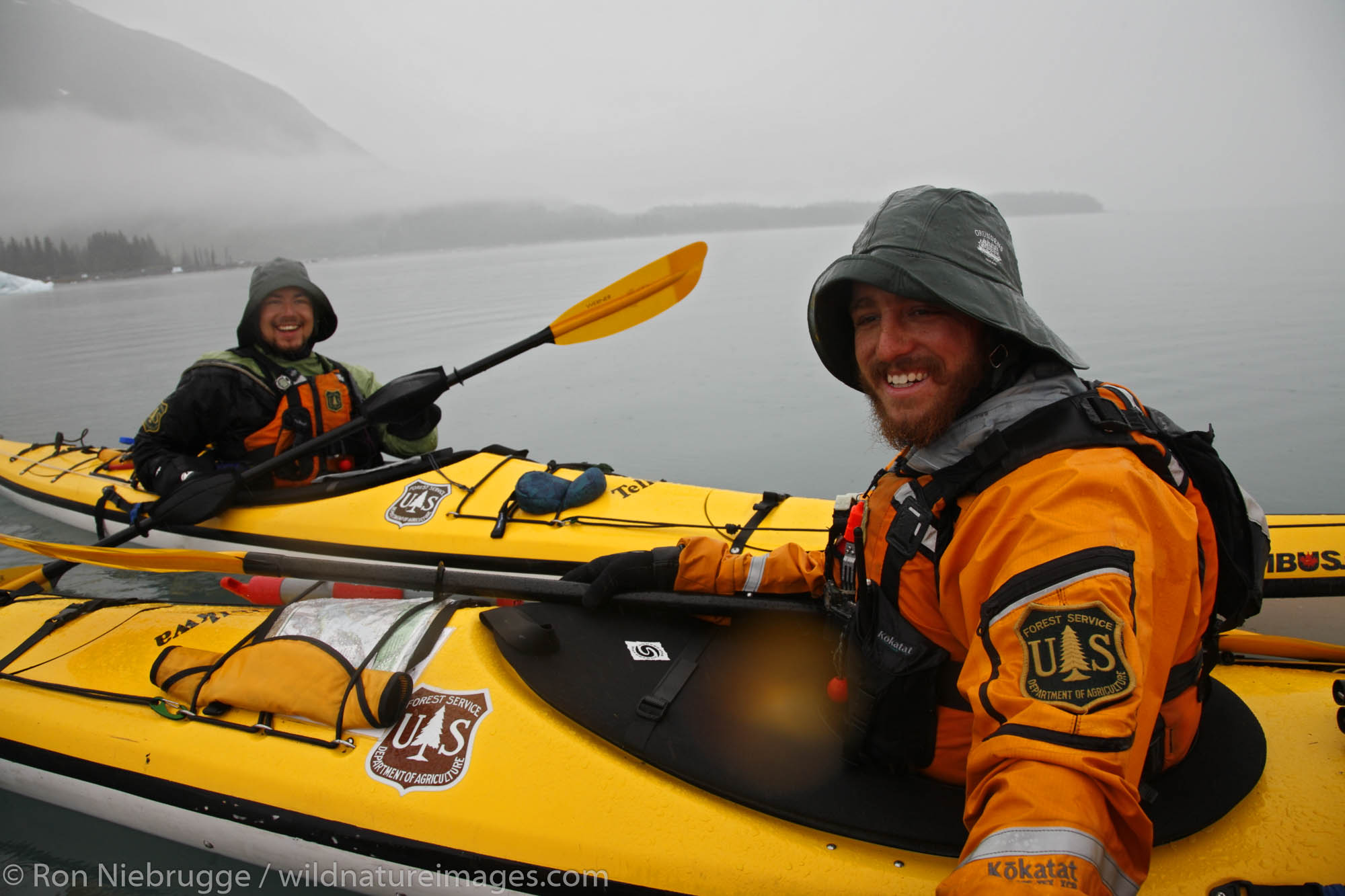 Forest Service personel kayaking in Harriman Fiord, Harriman Fiord, Prince William Sound, Chugach National Forest, Alaska.