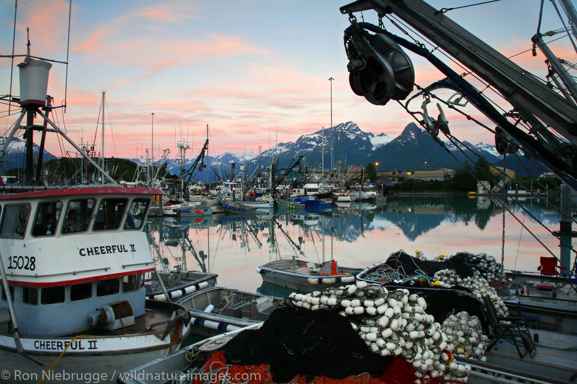 Valdez boat harbor at sunset, Valdez,  Prince William Sound,  Alaska.