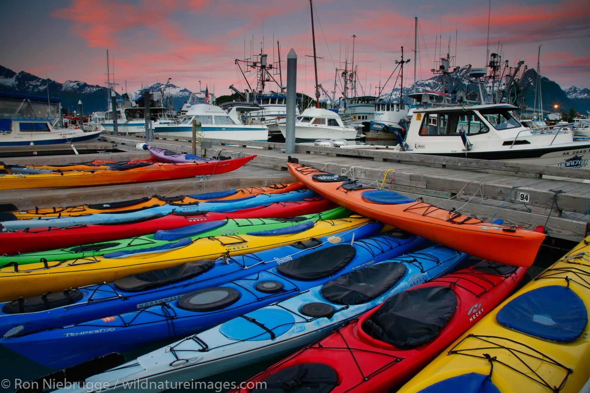 Valdez boat harbor at sunset, Valdez,  Prince William Sound,  Alaska.