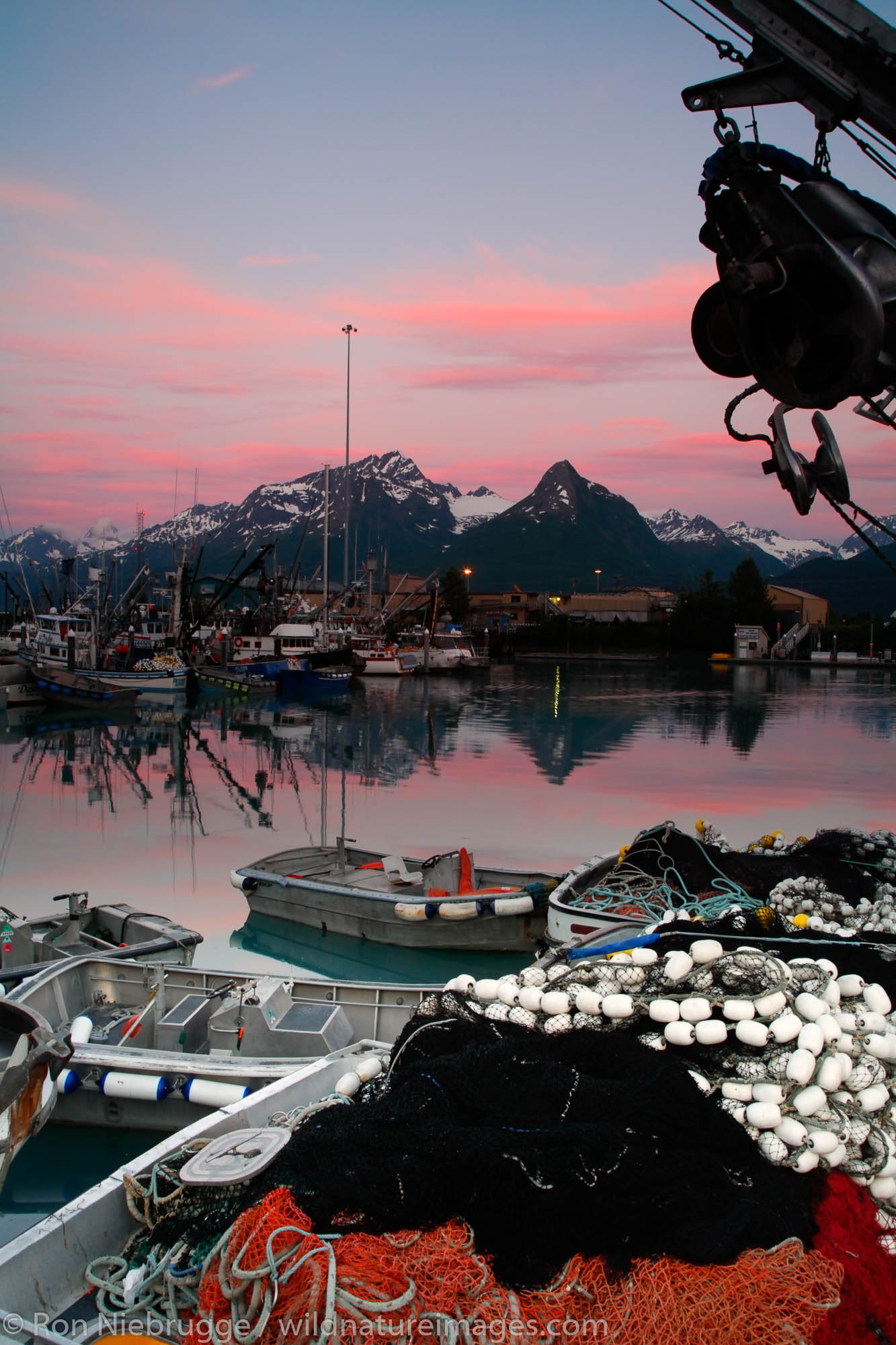 Valdez boat harbor at sunset, Valdez,  Prince William Sound,  Alaska.