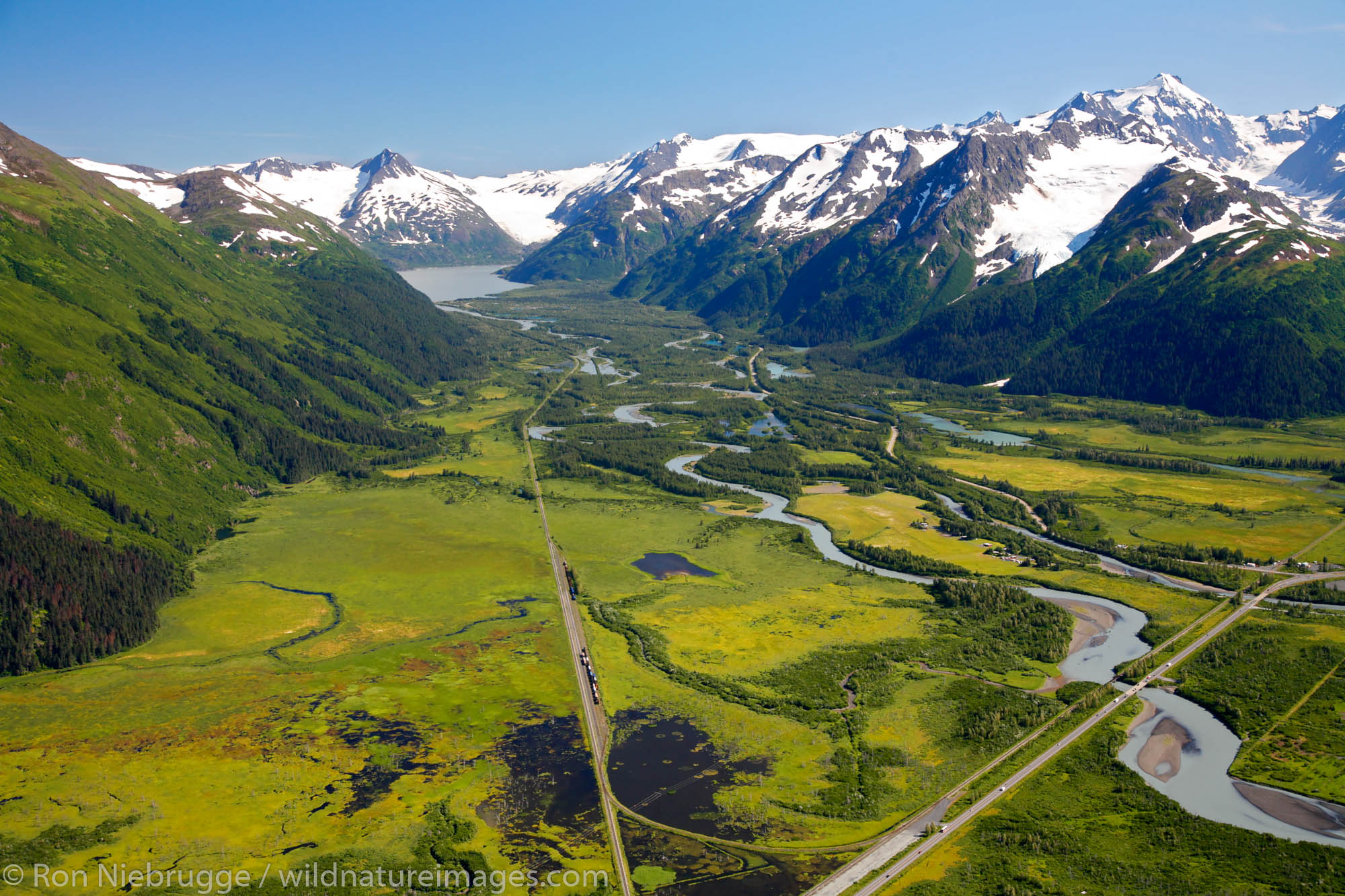 Aerial view of Portage Valley and the Seward Highway, Chugach National Forest, Alaska.