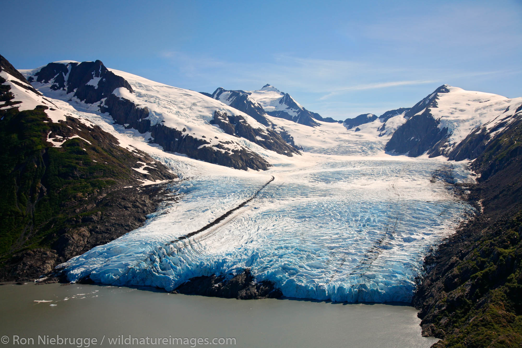 Aerial of Portage Glacier and Portage Lake, Chugach National Forest, Alaska.