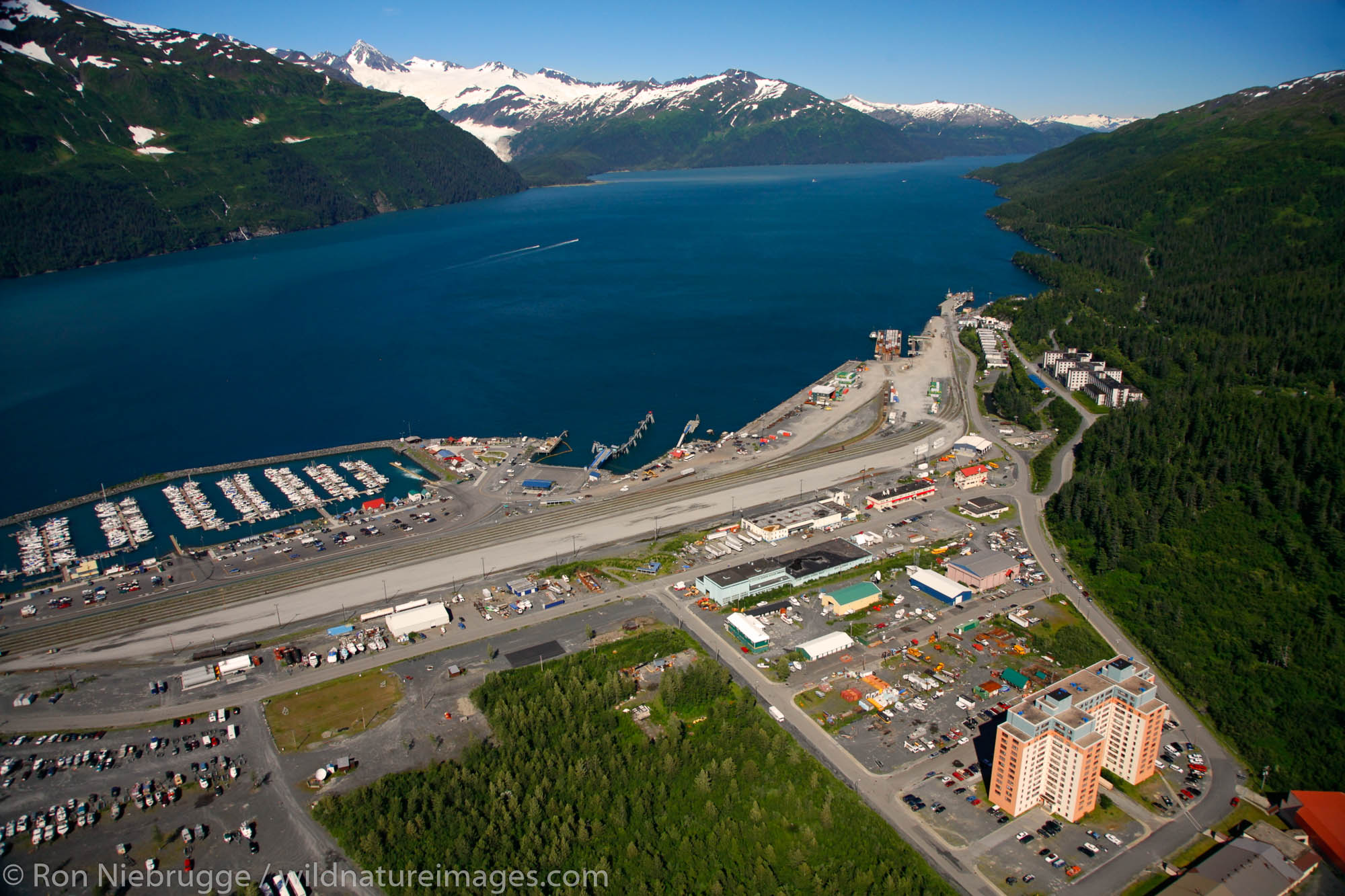Aerial of the city of Whittier, Chugach National Forest, Alaska.