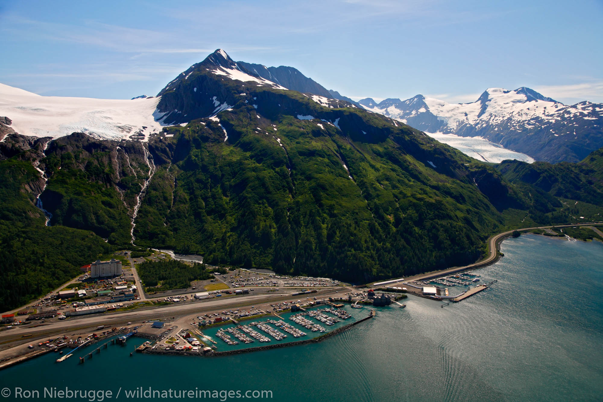 Aerial of the city of Whittier, Chugach National Forest, Alaska.