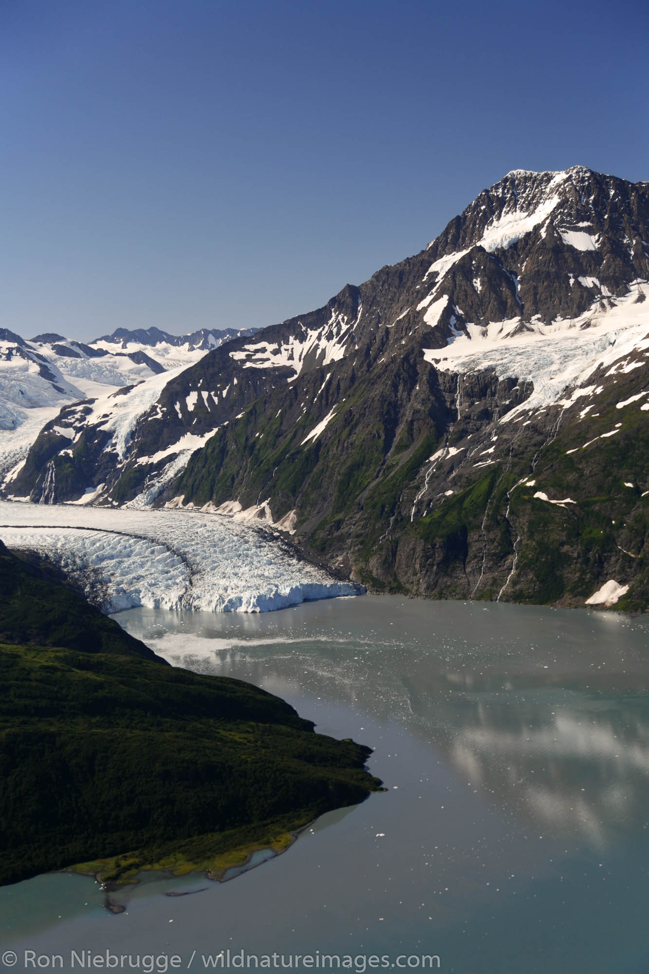 Aerial of tidewater Surprise Glacier and Mt. Muir with Detached Glacier, Harriman Fiord, Prince William Sound, Chugach National...