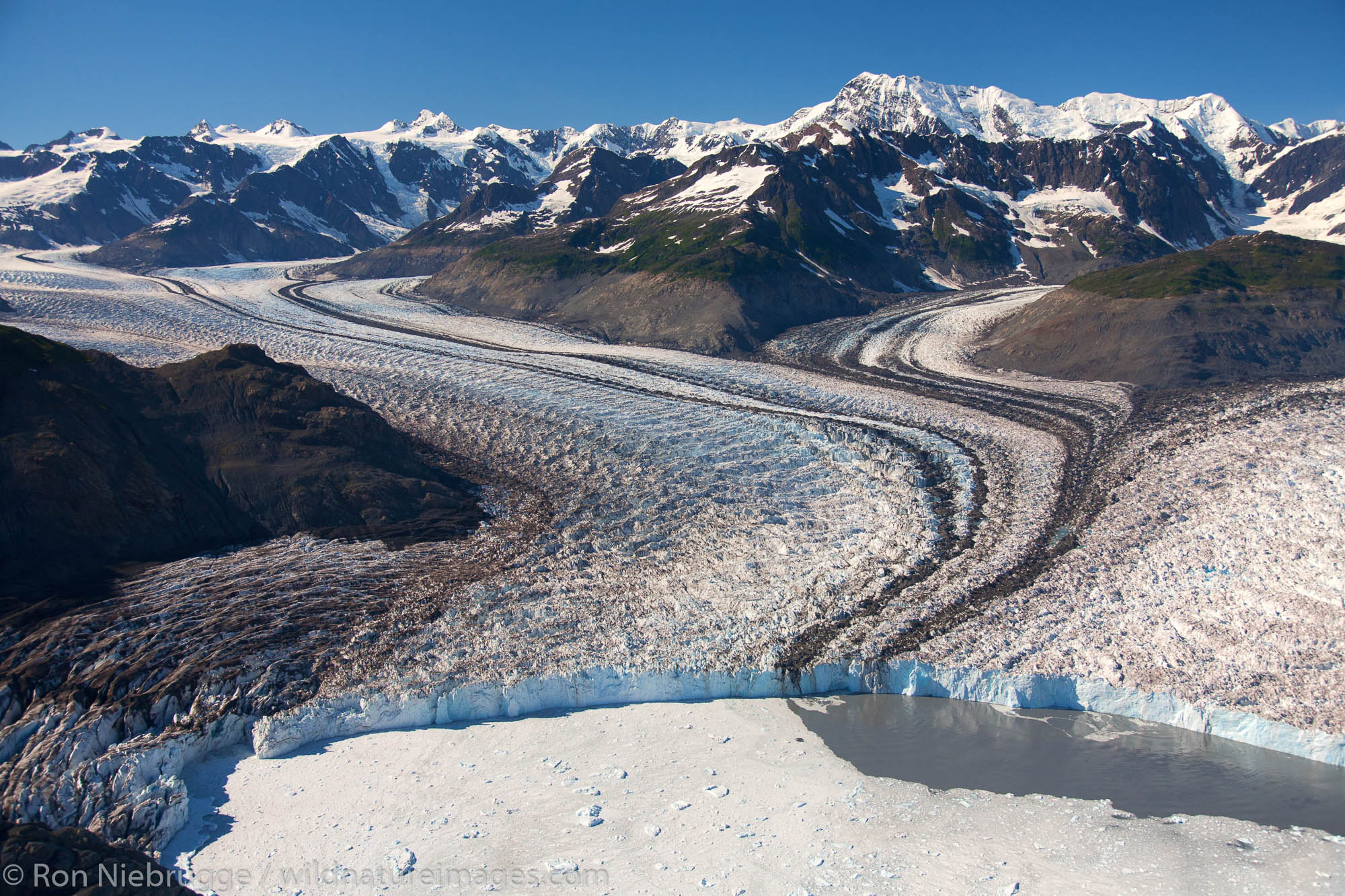 Aerial Columbia Glacier and Columbia Bay, Prince William Sound, Chugach National Forest, Alaska.