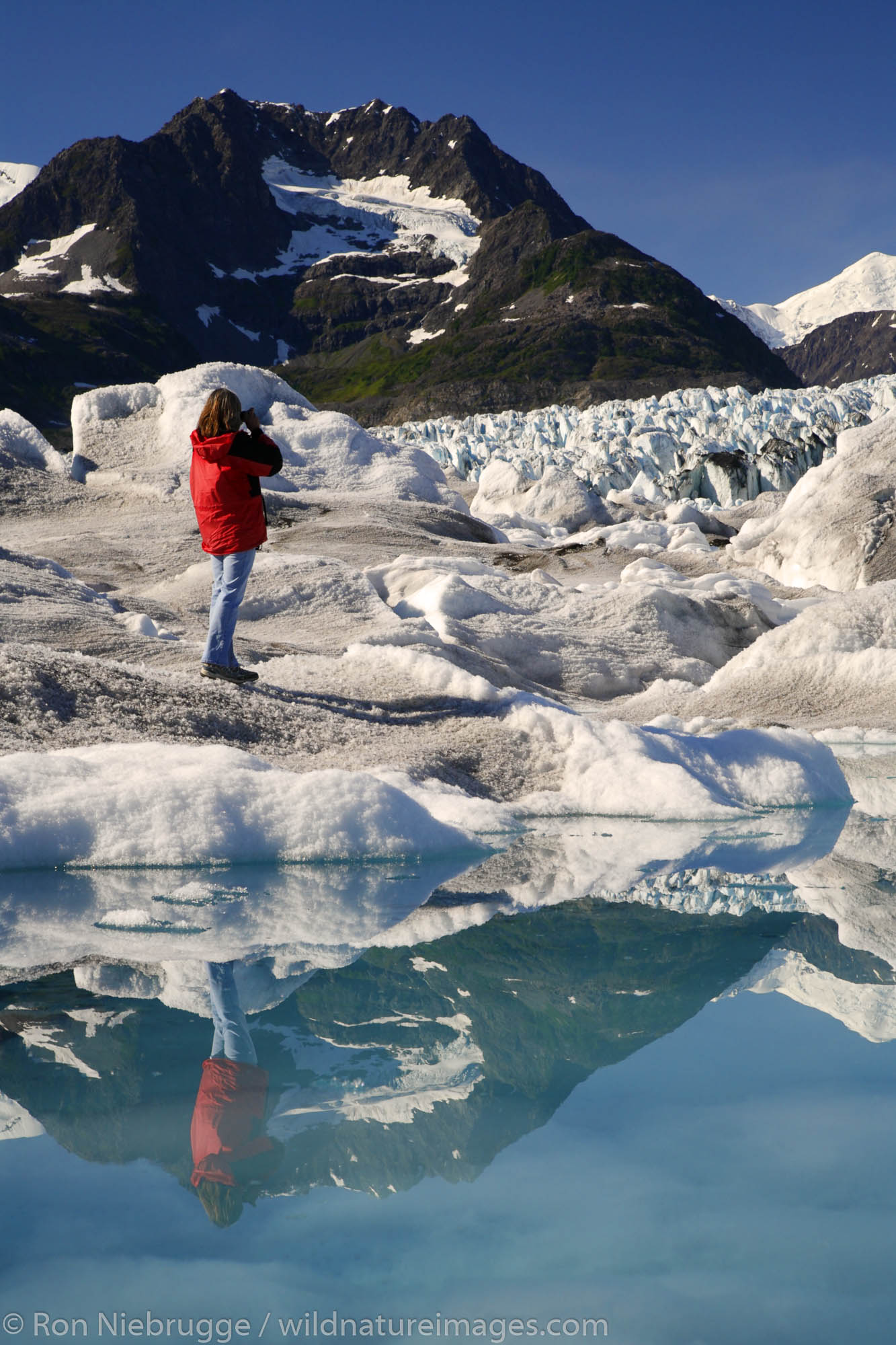 A visitor standing on Columbia Glacier, Prince William Sound, Chugach National Forest, Alaska. (MR)
