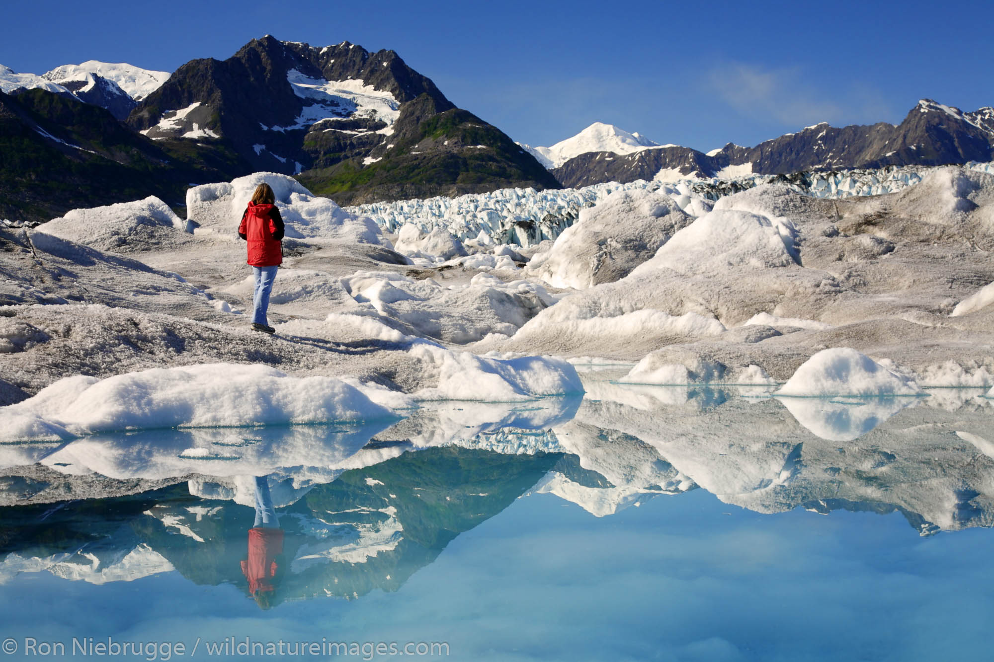 A visitor standing on Columbia Glacier, Prince William Sound, Chugach National Forest, Alaska. (MR)