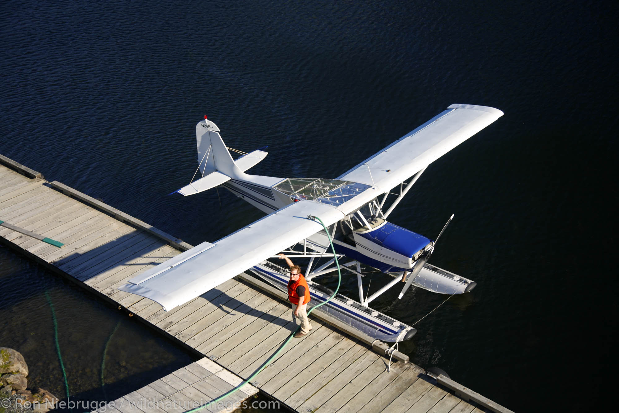 Aerial Eyak Lake with floatplane, Cordova,  Chugach National Forest, Alaska.