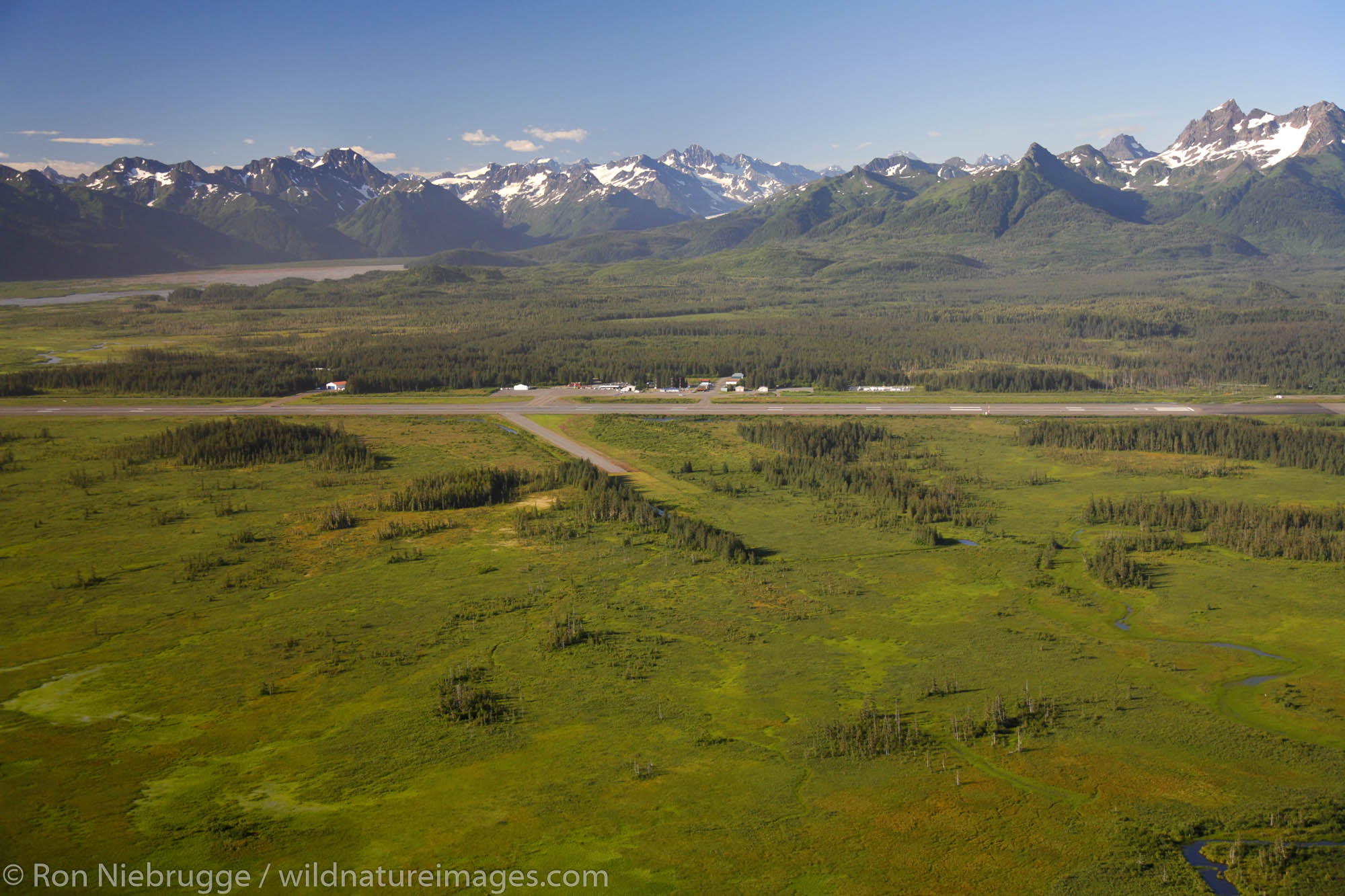 Aerial Copper River Delta and the Cordove Airport, Chugach National Forest near Cordova, Alaska.