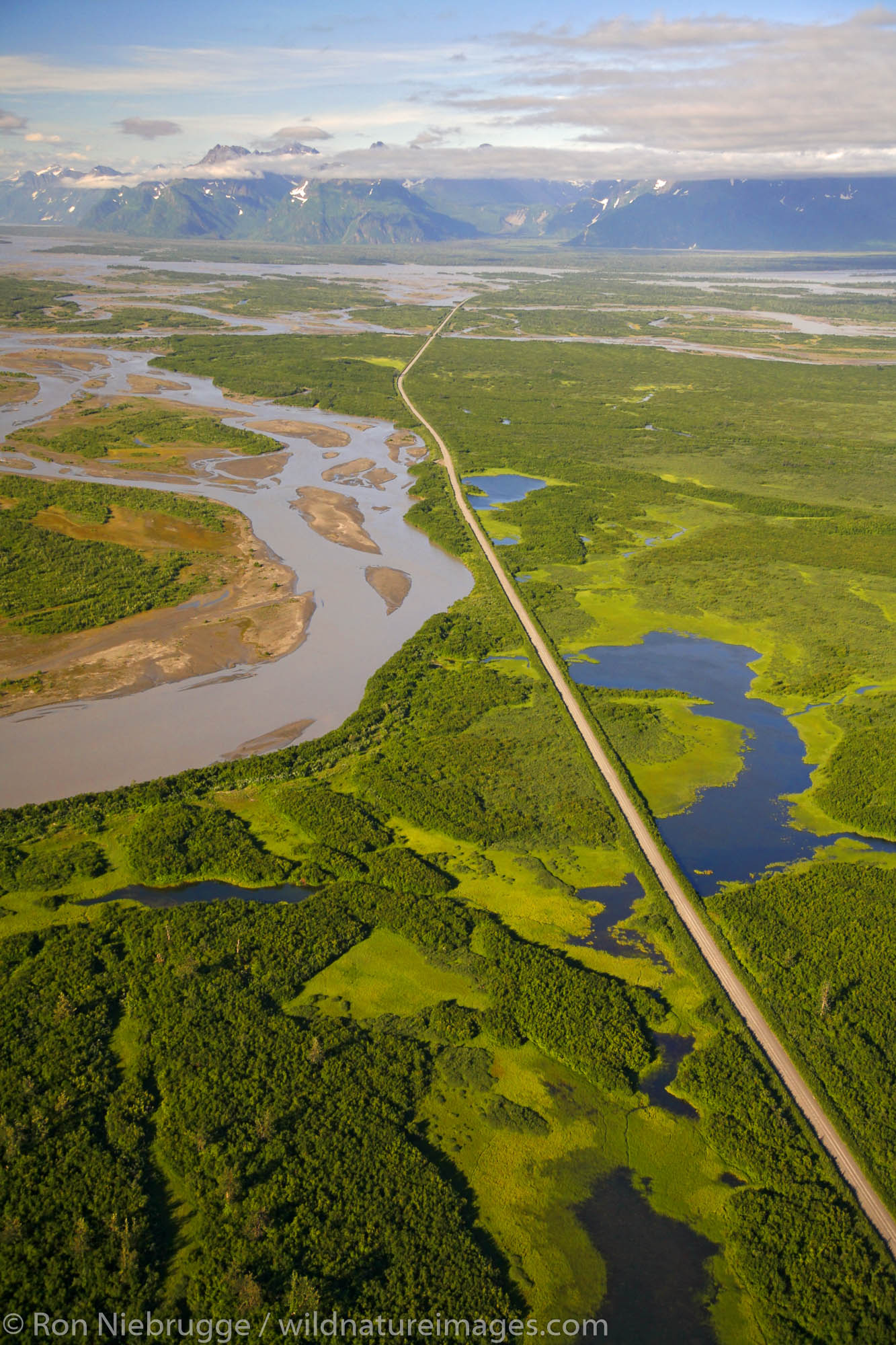 Aerial Copper River and the Copper River Highway, Copper River Delta,  Chugach National Forest near Cordova, Alaska.