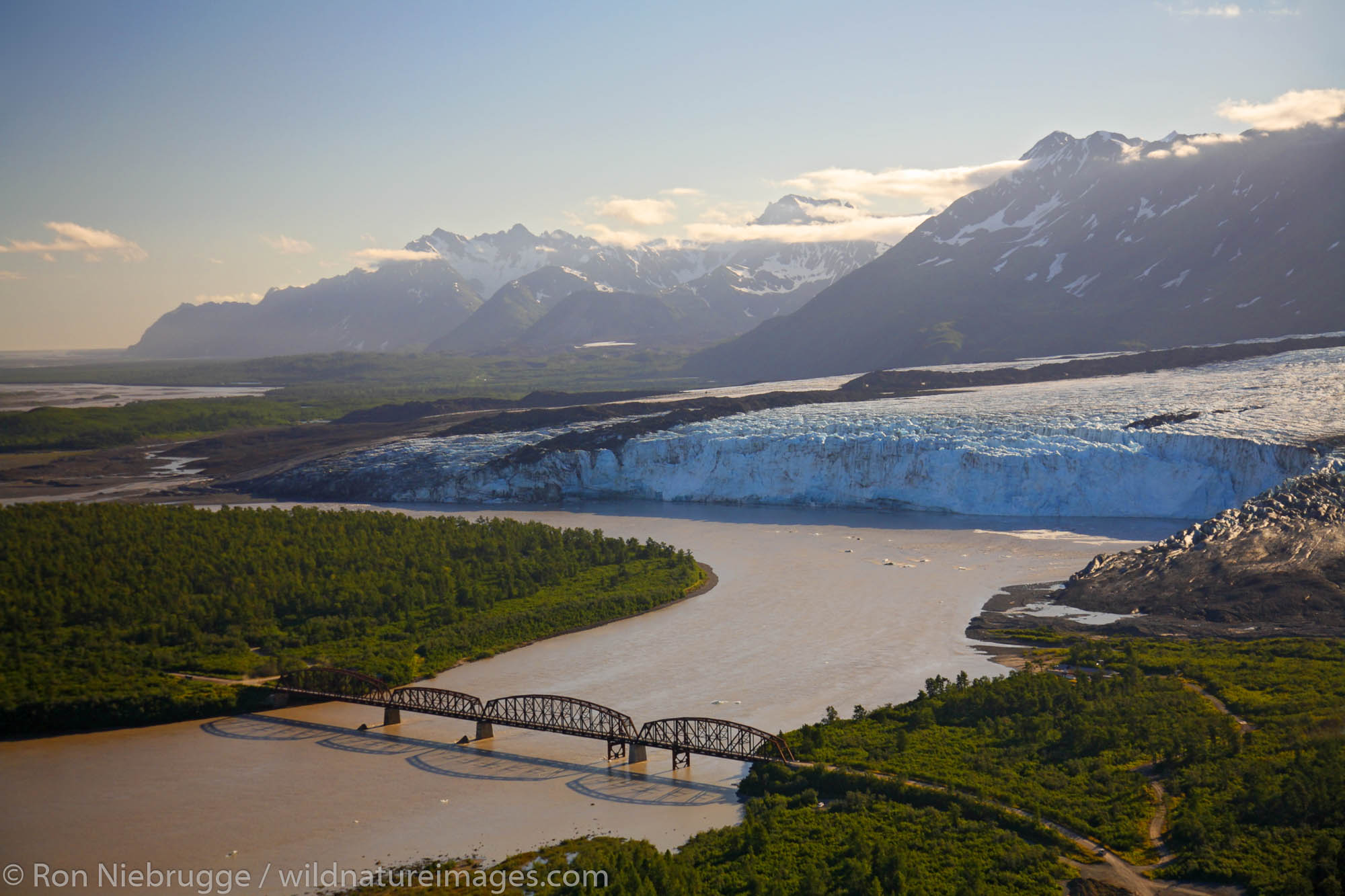 Aerial, Million Dollar Bridge crossing the Copper River, Chugach National Forest near Cordova, Alaska.