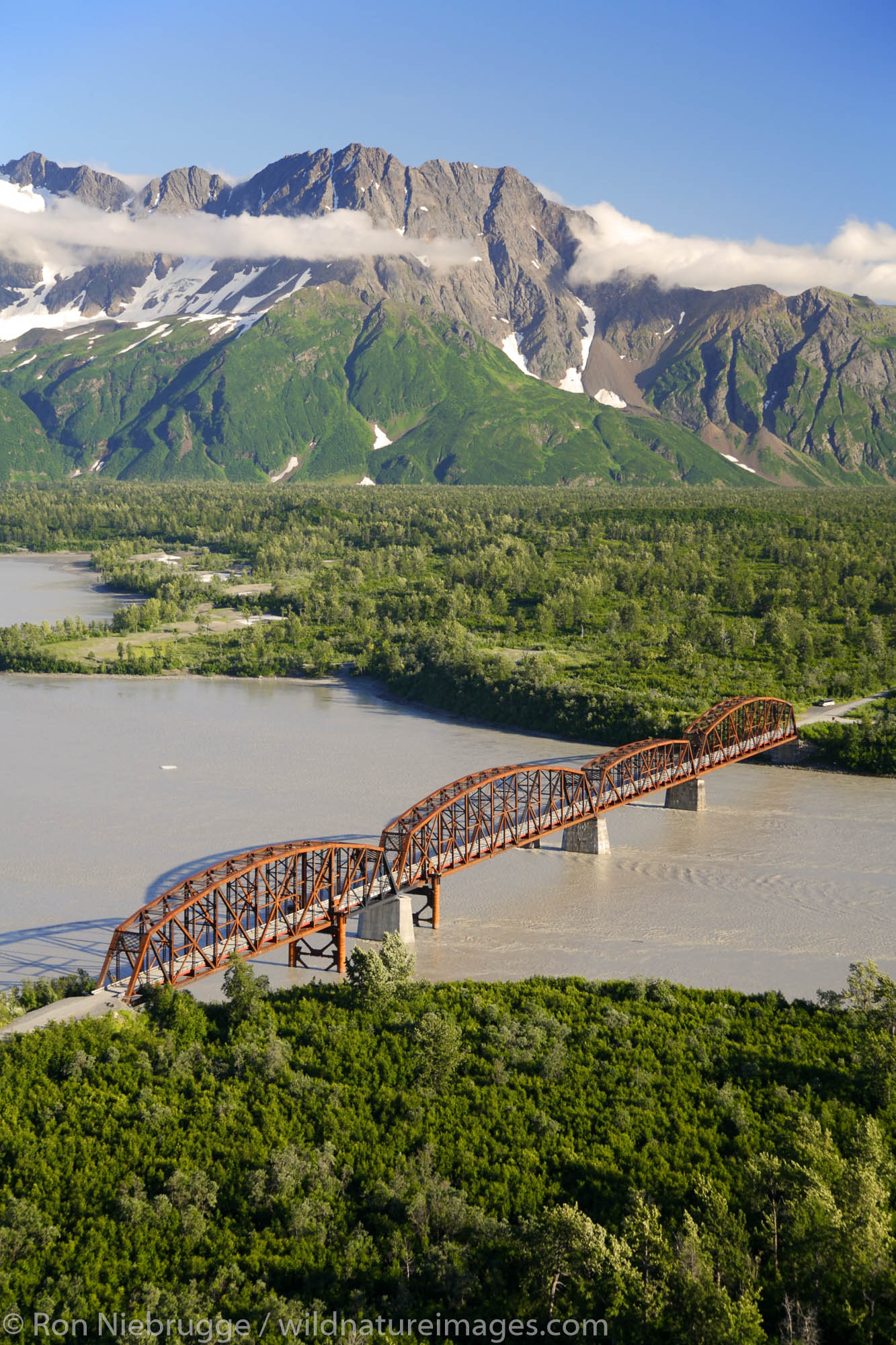 Aerial, Million Dollar Bridge crossing the Copper River, Chugach National Forest near Cordova, Alaska.