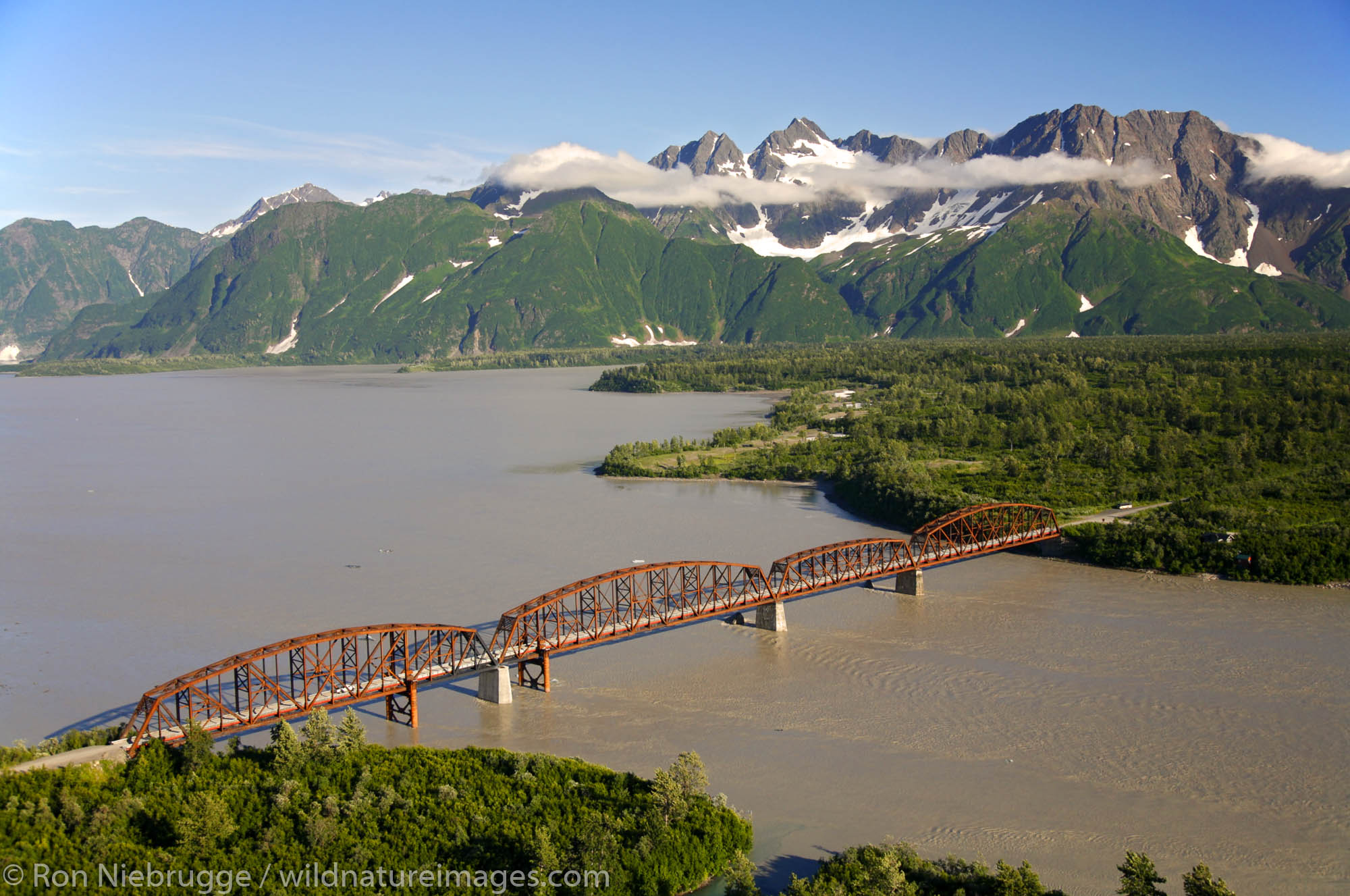 Aerial Million Dollar Bridge crossing the Copper River, Chugach National Forest near Cordova, Alaska.