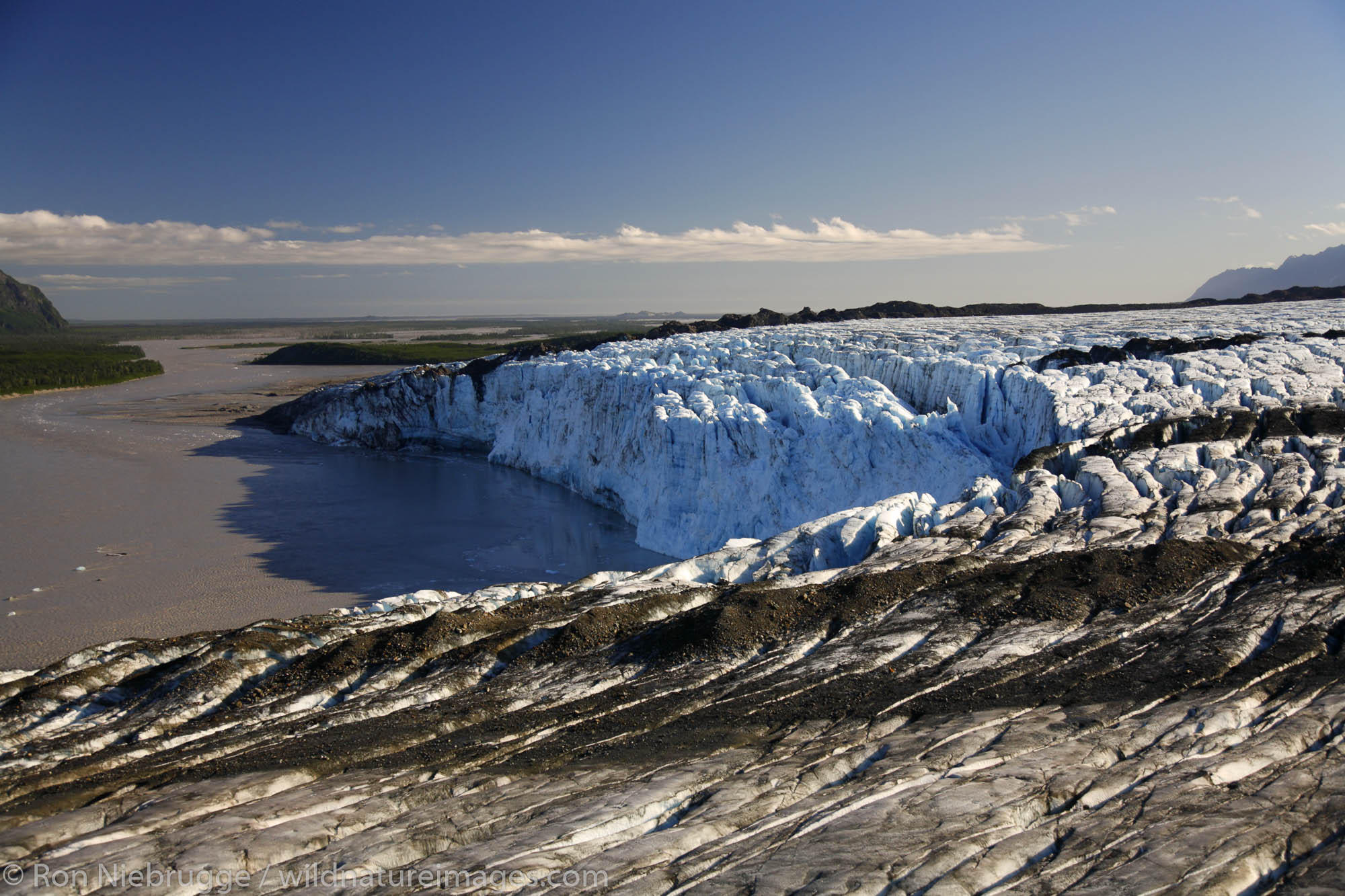 Aerial, Childs Glacier and the Copper River, Chugach National Forest near Cordova, Alaska.