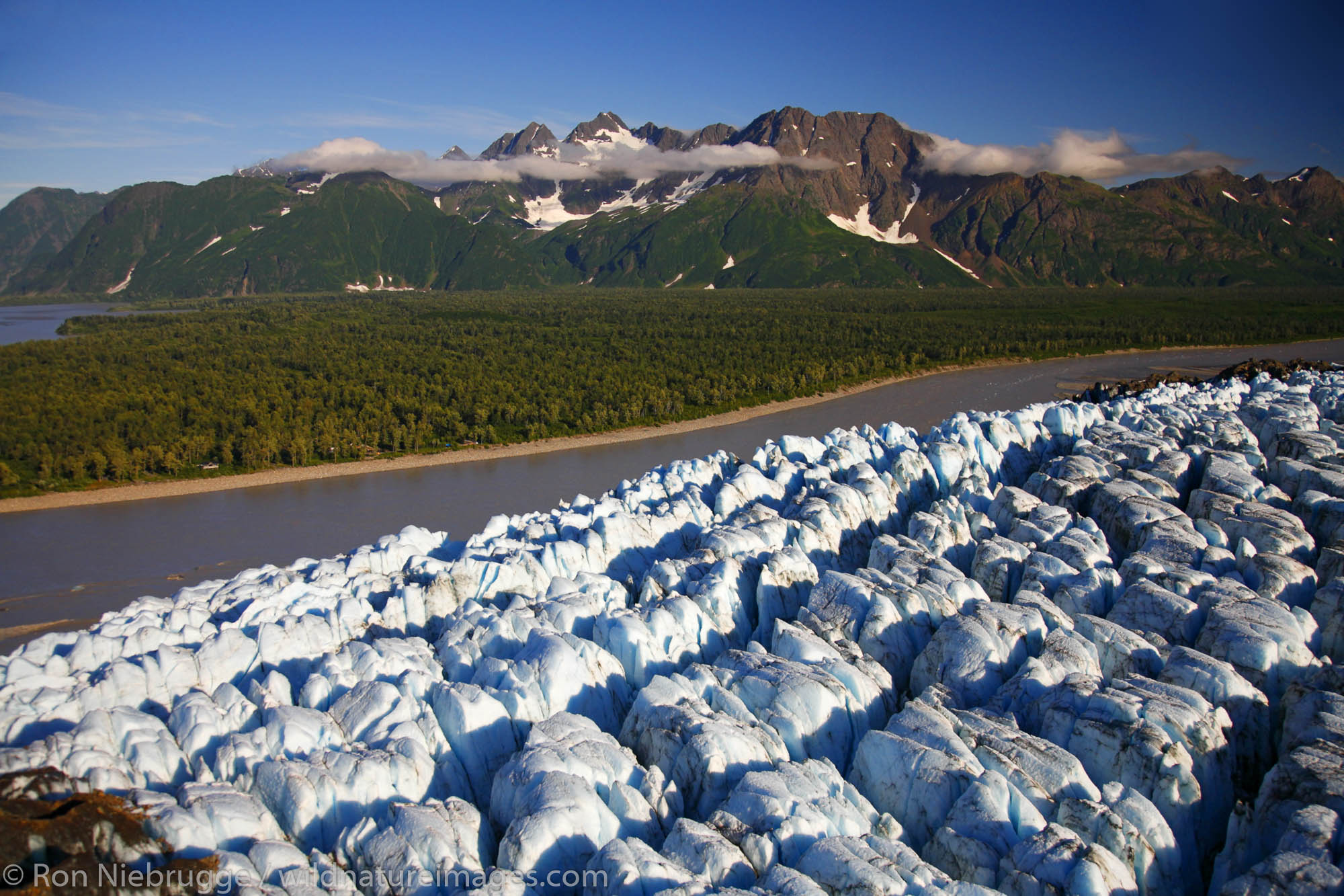 Aerial, Childs Glacier and the Copper River, Chugach National Forest near Cordova, Alaska.