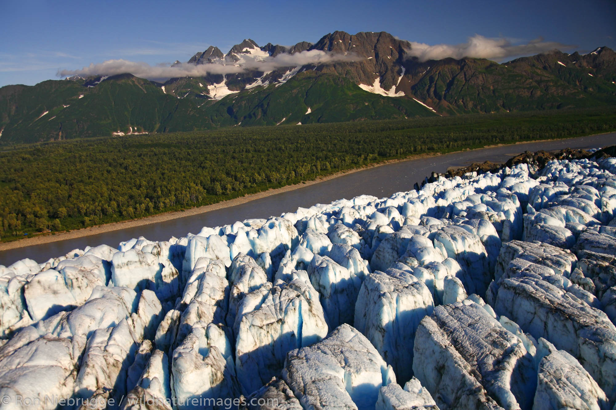 Aerial Childs Glacier and the Copper River, Chugach National Forest near Cordova, Alaska.