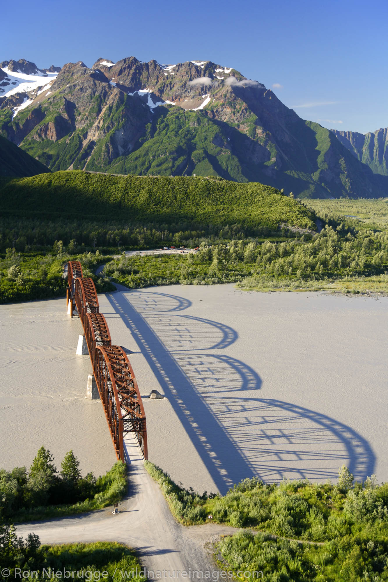 Aerial Million Dollar Bridge crossing the Copper River, Chugach National Forest near Cordova, Alaska.