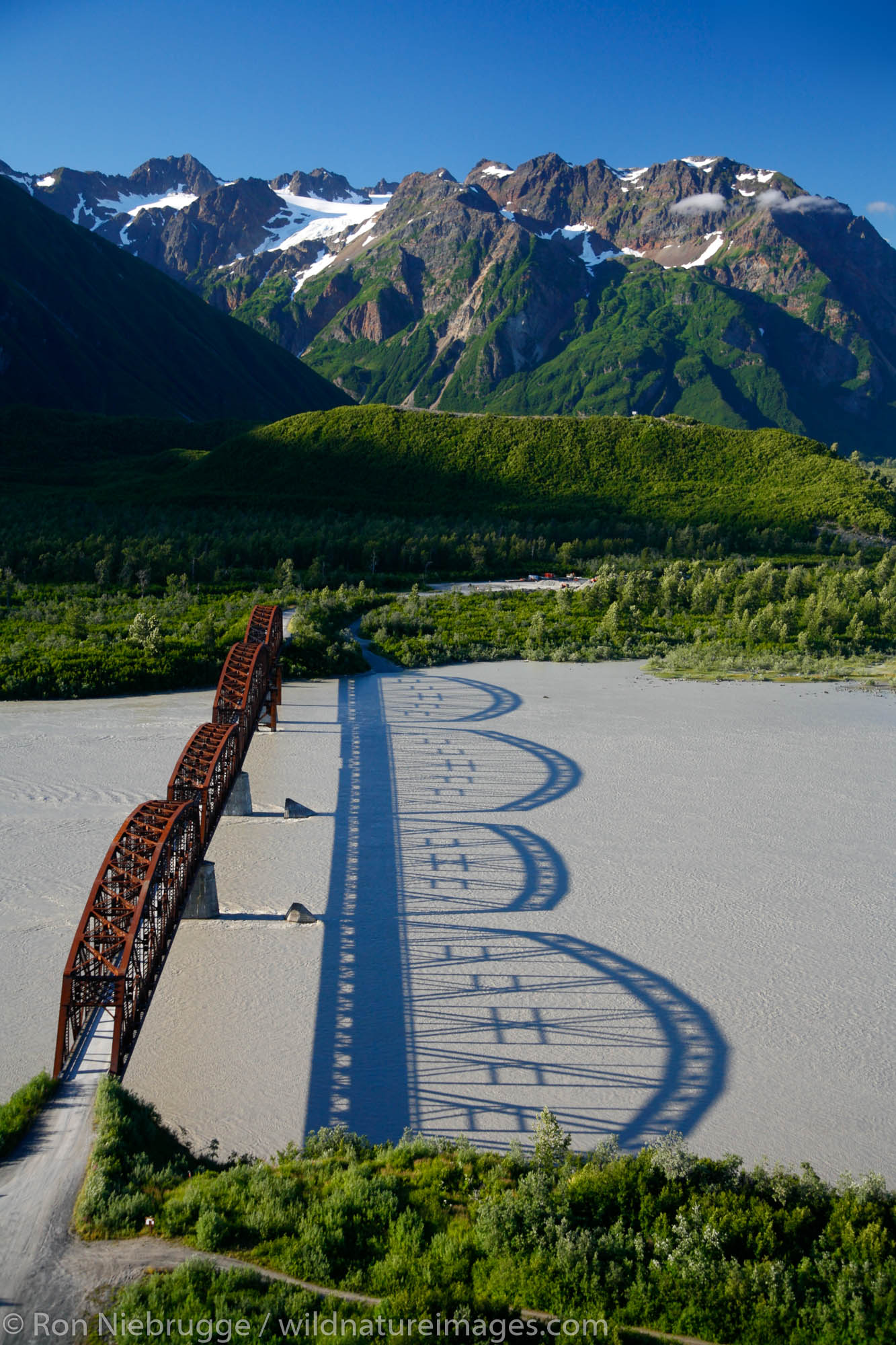 Aerial, Million Dollar Bridge crossing the Copper River, Chugach National Forest near Cordova, Alaska.