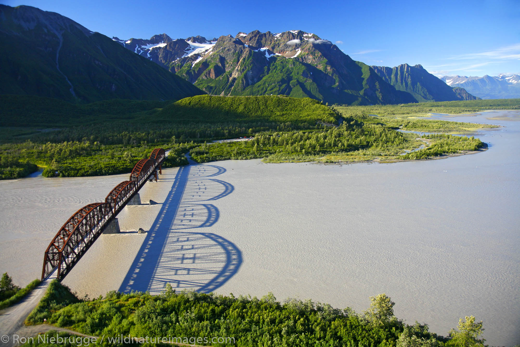 Aerial Million Dollar Bridge crossing the Copper River, Chugach National Forest near Cordova, Alaska.