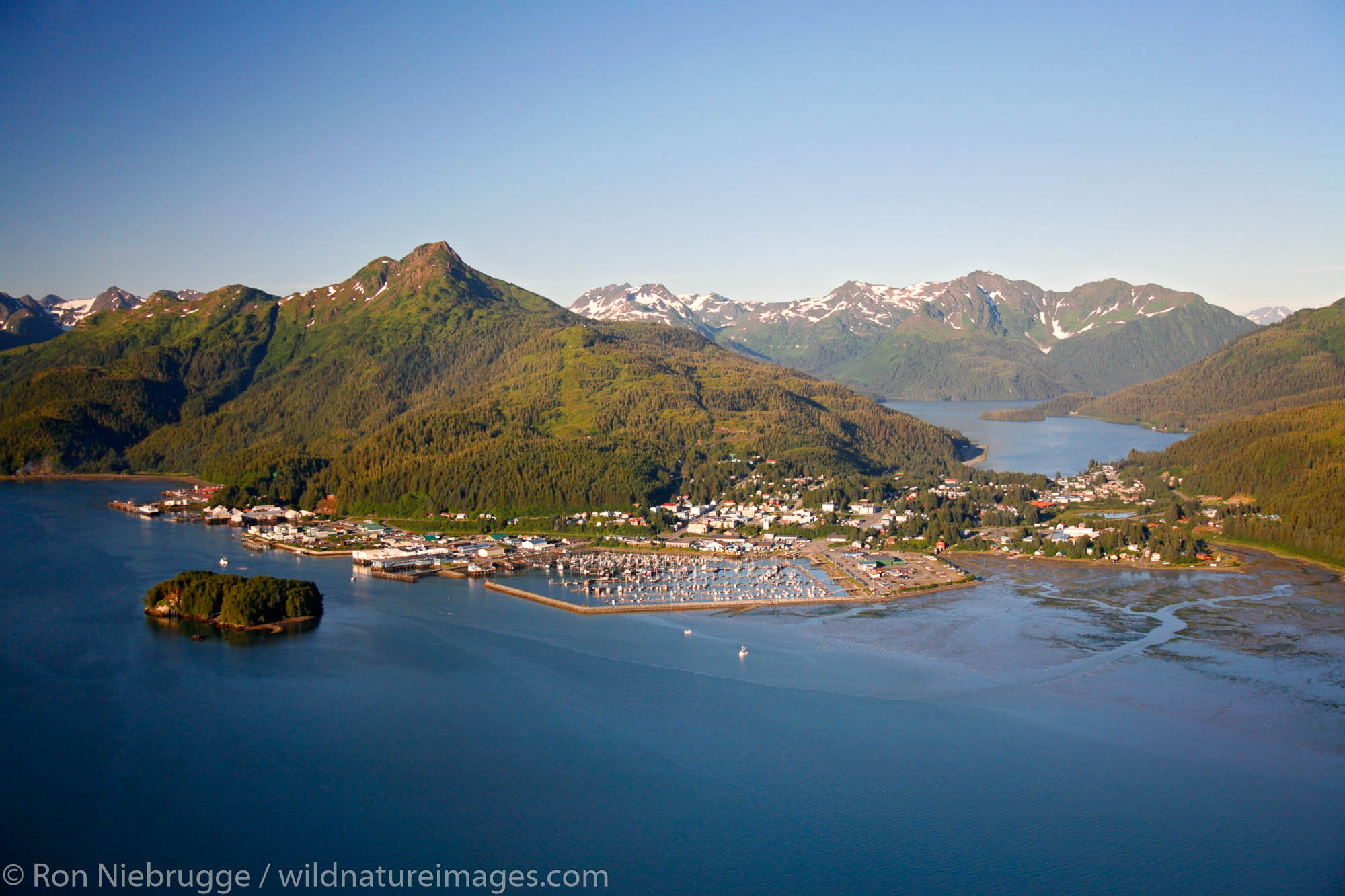 Aerial of Cordova, Orca Inlet and Eyak Lake, Prince William Sound, Chugach National Forest, Alaska.