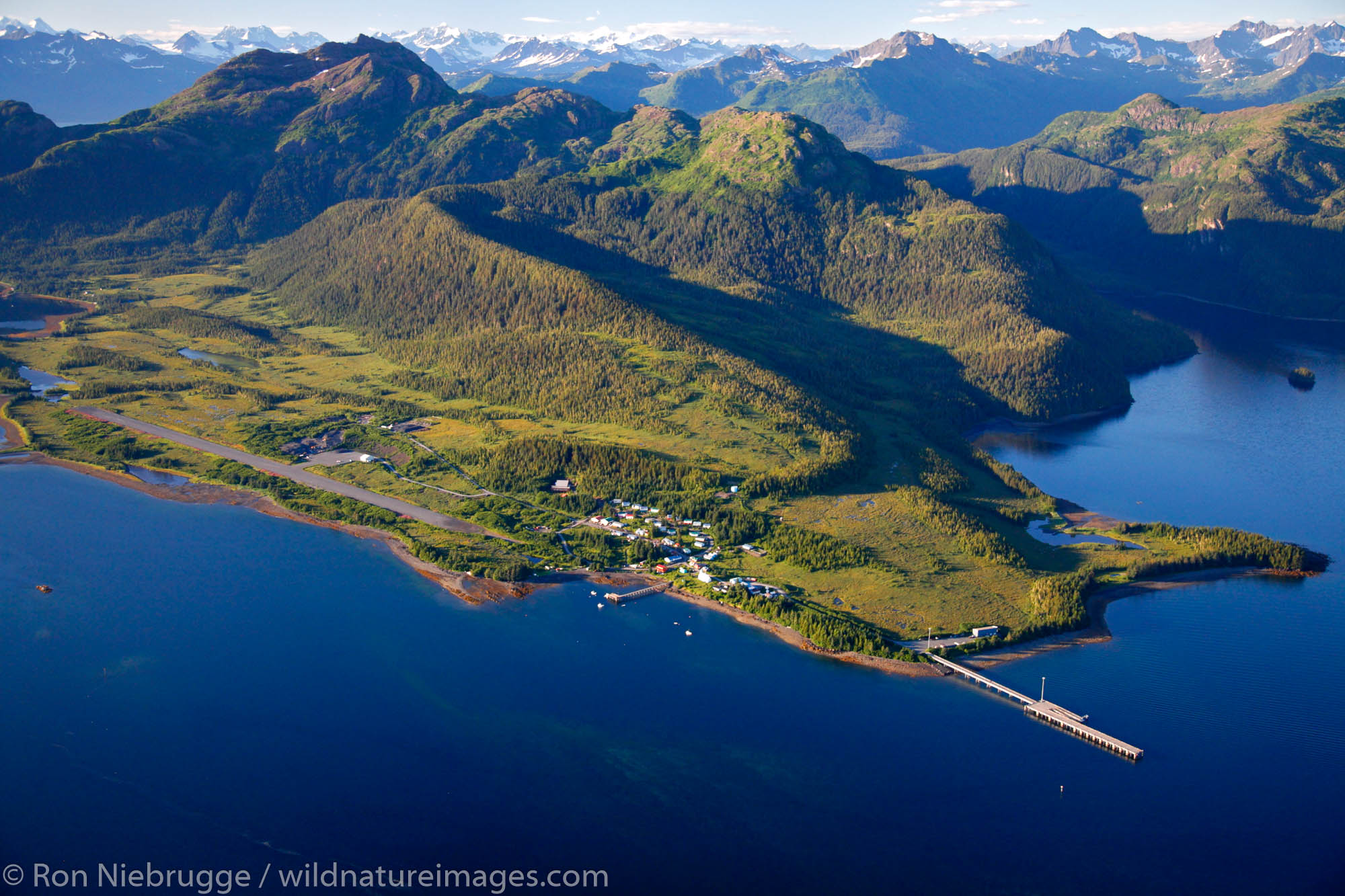 Aerial of the town of Tatitlek and Tatitlek Narrows, Prince William Sound, Chugach National Forest, Alaska.