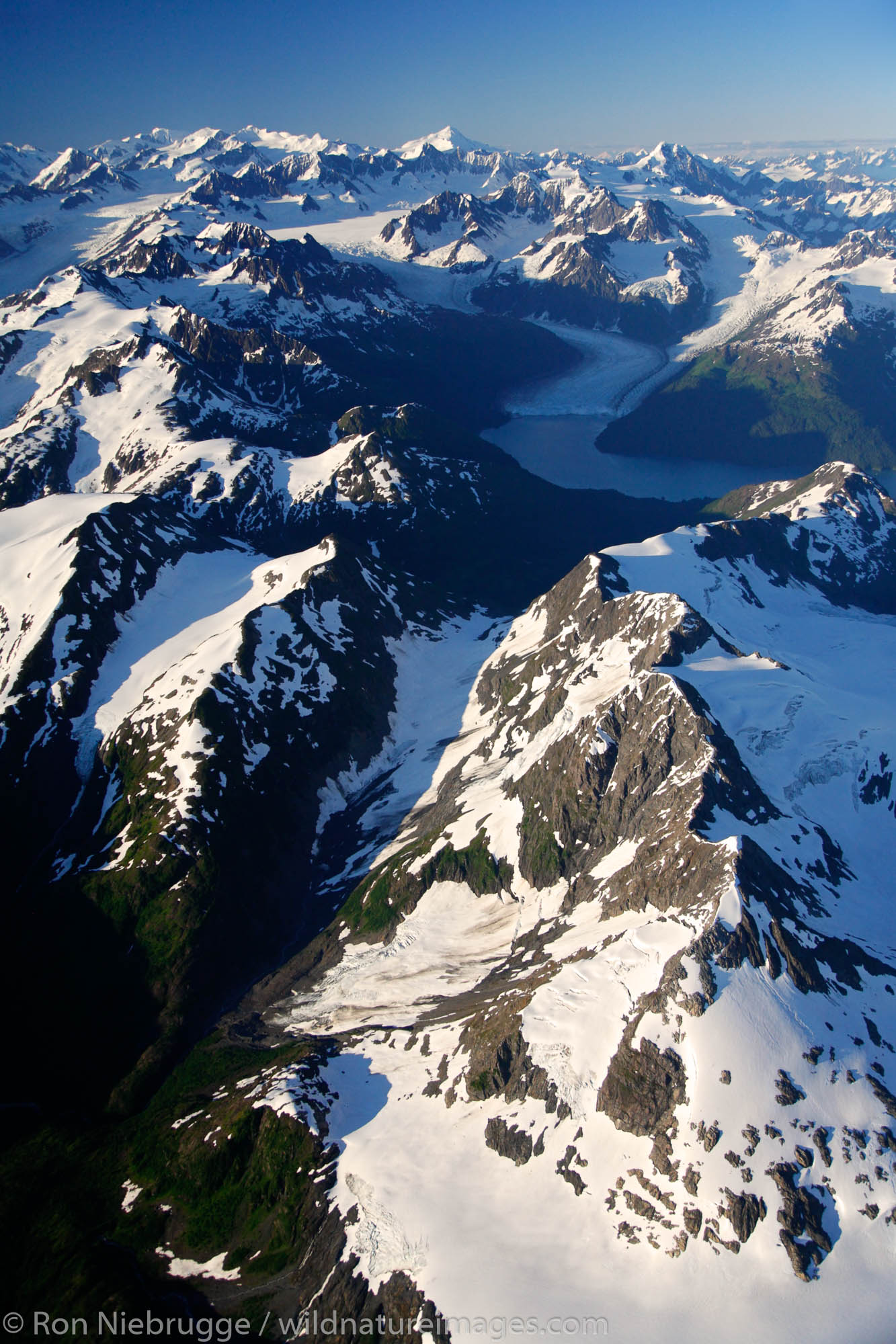 Aerial of Meares Glacier and Unakwik Inlet, Chugach Mountains, Prince William Sound, Chugach National Forest Alaska.