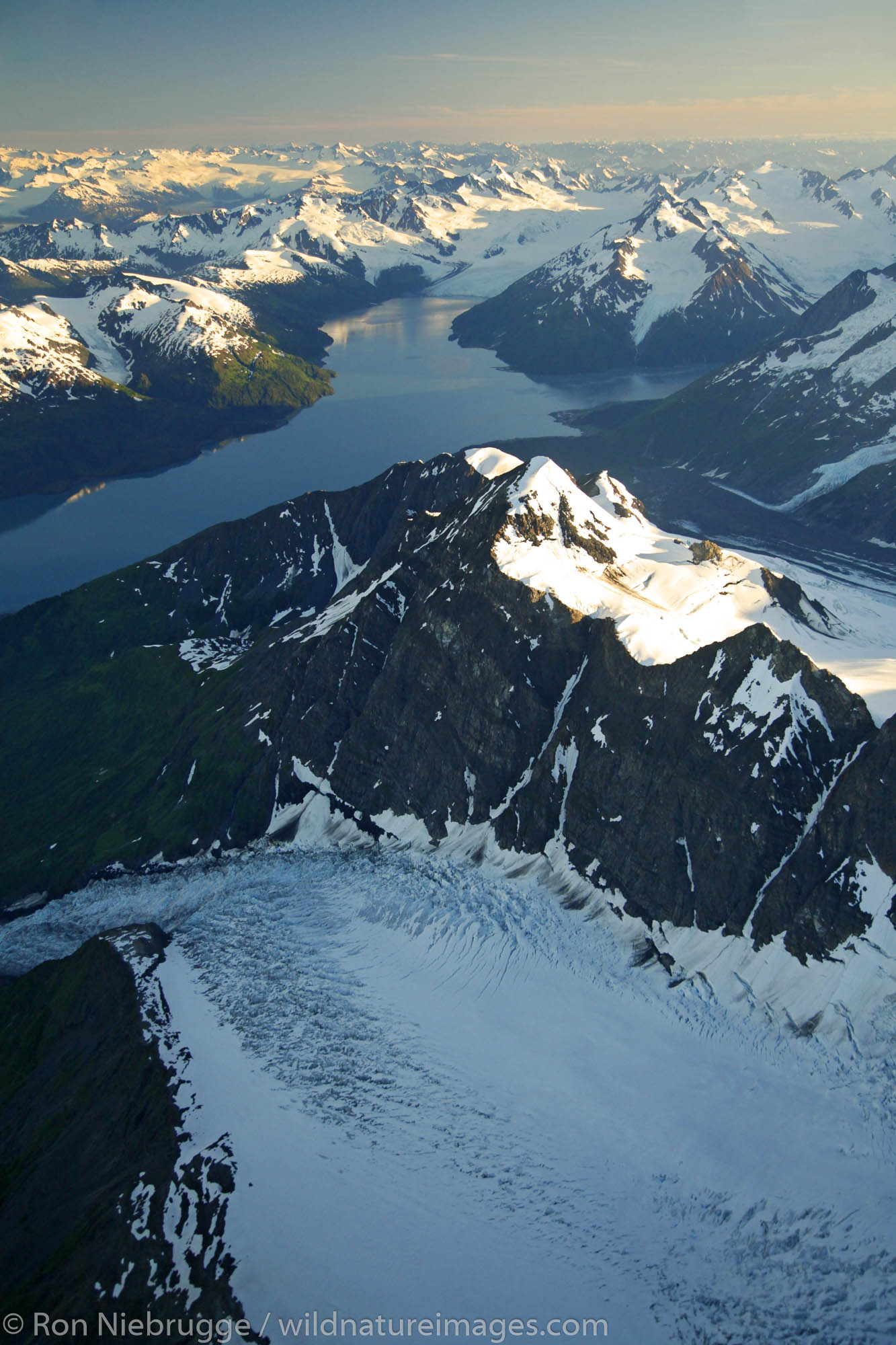 Aerial Harriman Fiord, Chugach Mountains, Prince William Sound, Chugach National Forest, Alaska.