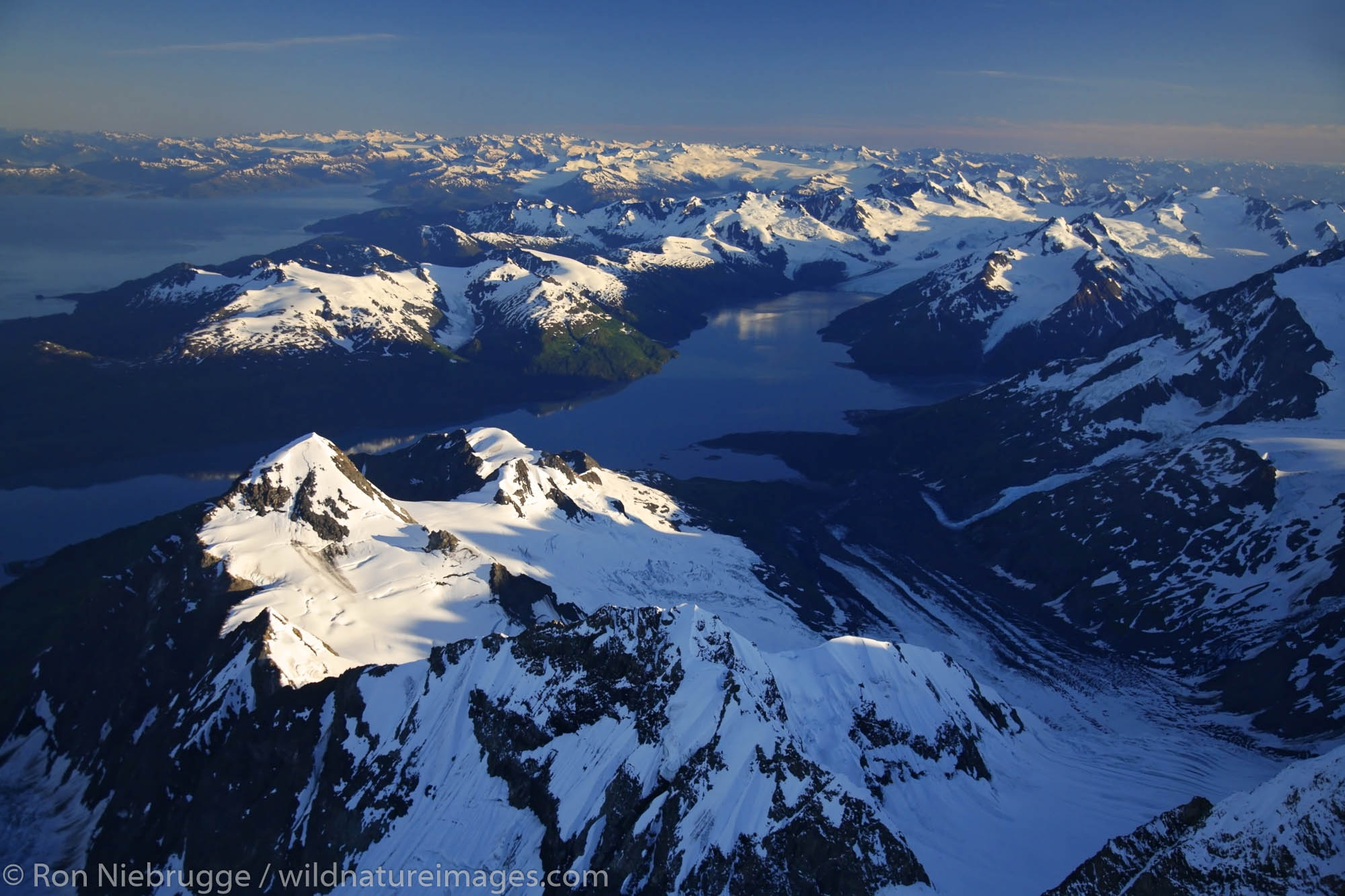 Aerial Harriman Fiord, Chugach Mountains, Prince William Sound, Chugach National Forest, Alaska.
