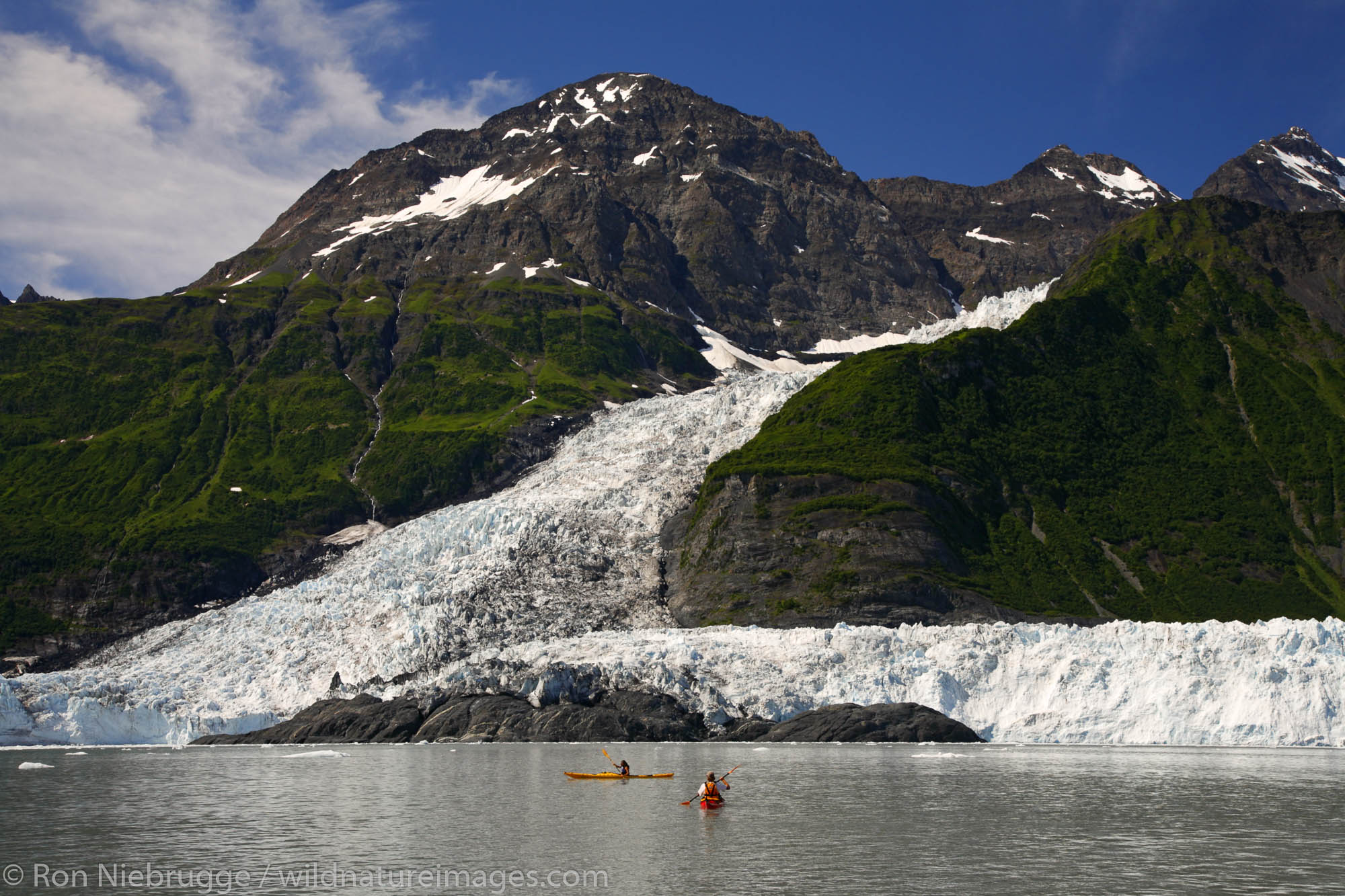 Kayakers in front of Cascade Glacier (l) and Barry Glacier (r), Harriman Fiord, Prince William Sound, Chugach National Forest...