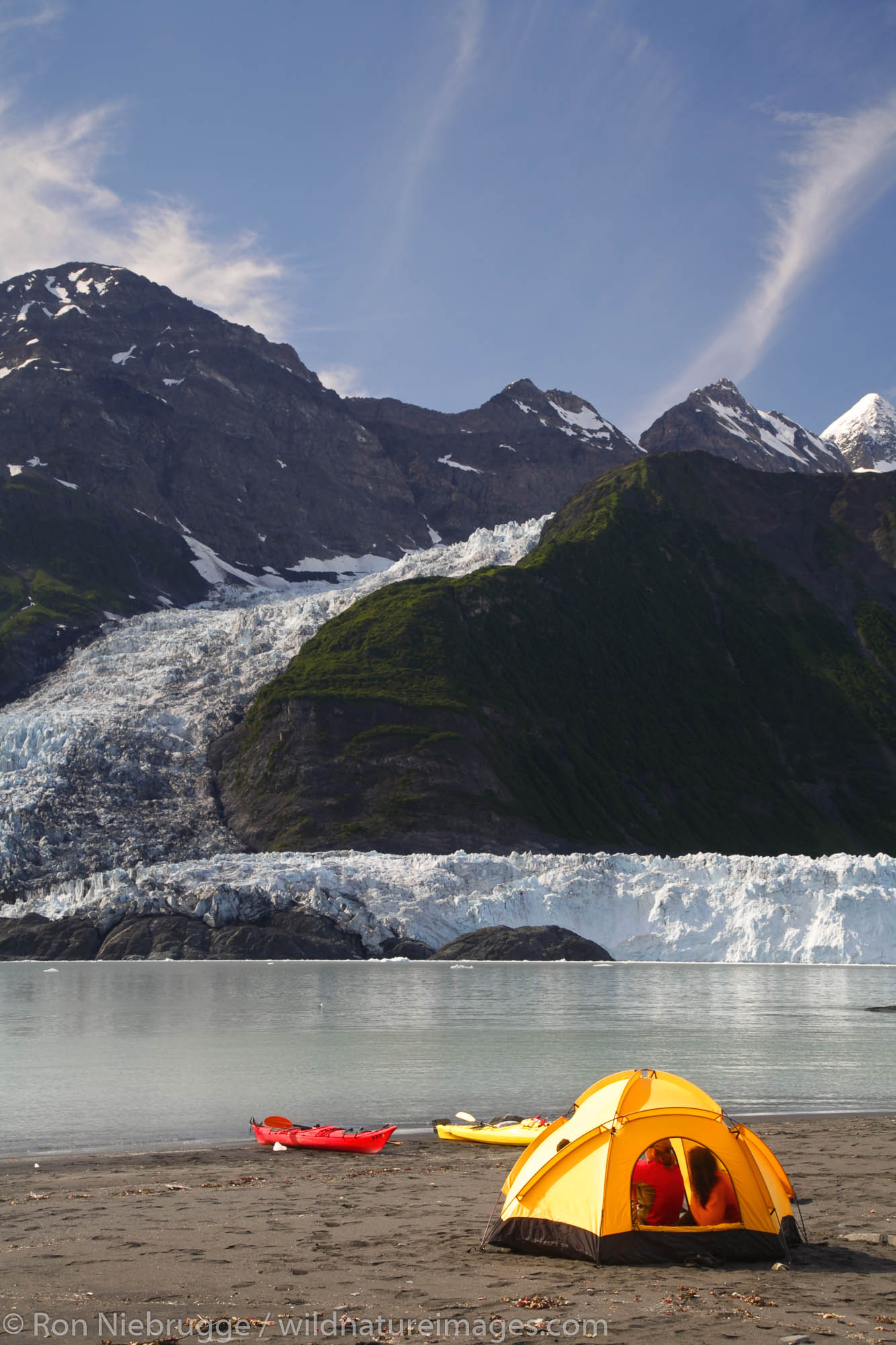 Camping on the beach in Harriman Fiord, Cascade Glacier (l) and Barry Glacier (r), Prince William Sound, Chugach National Forest...