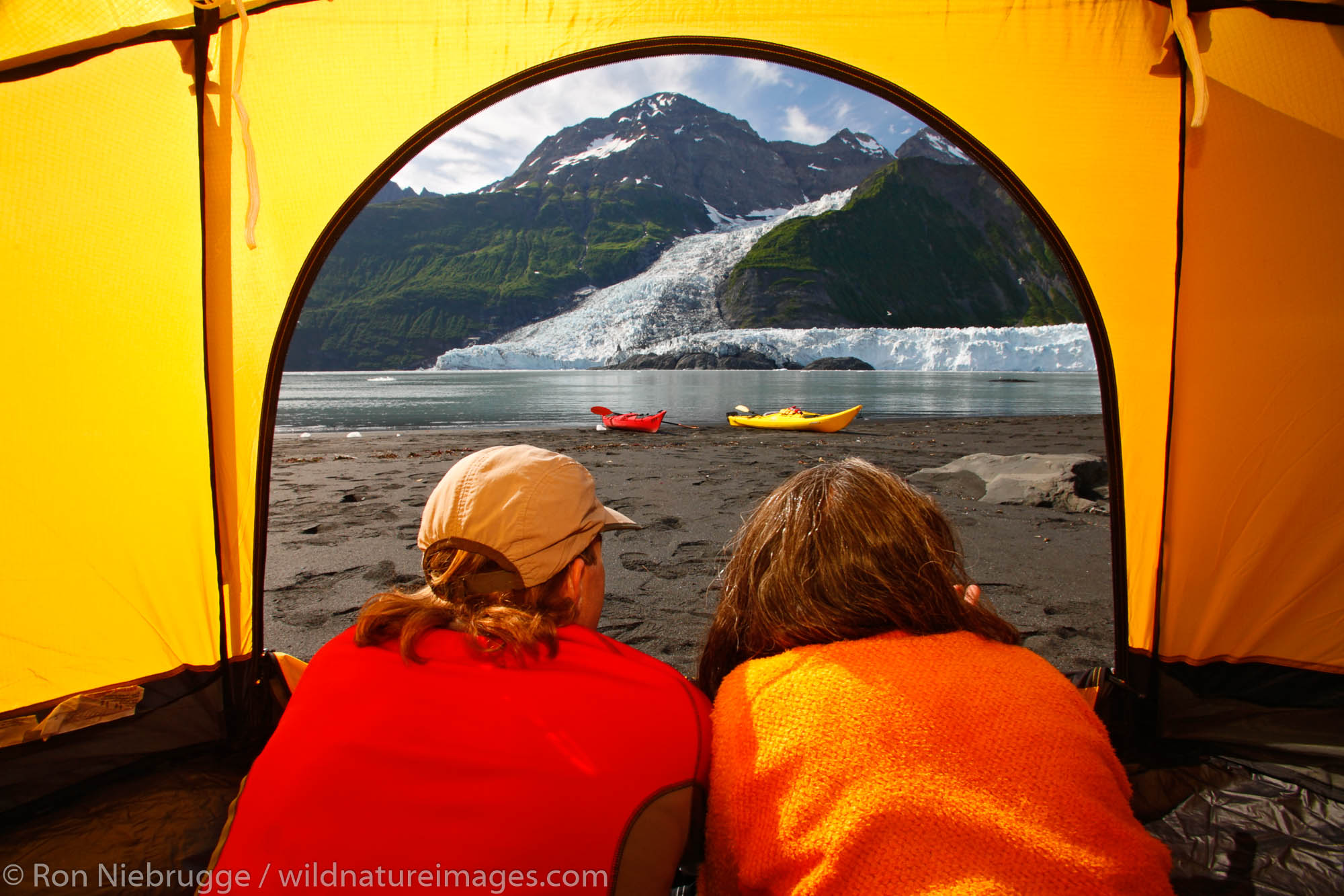 Camping on the beach in Harriman Fiord, Cascade Glacier (l) and Barry Glacier (r), Prince William Sound, Chugach National Forest...