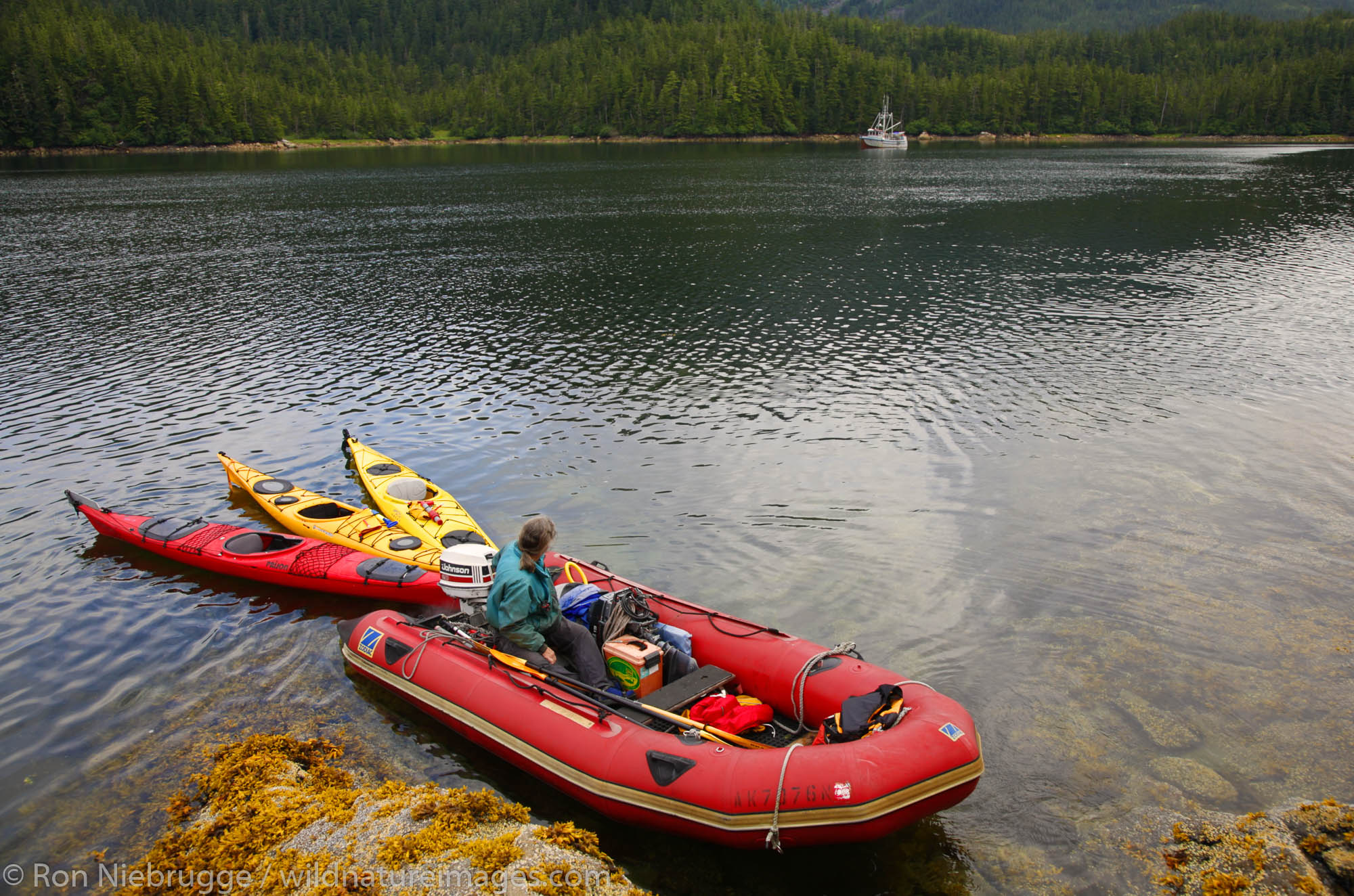 Dave moving kayaks from the beach in Hidden Bay, Prince William Sound, Chugach National Forest, Alaska.