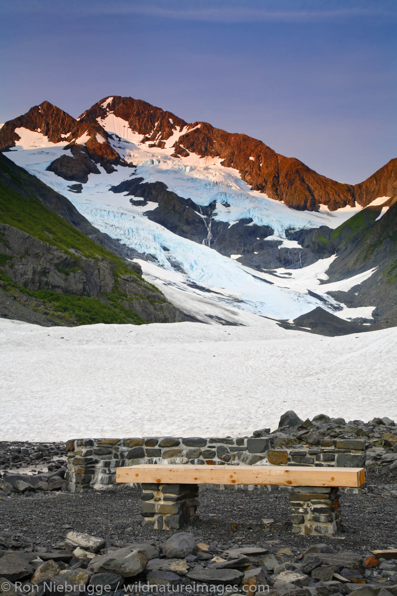 A bench near the end of the Byron Glacier Trail, Portage Valley, Chugach National Forest, Alaska.