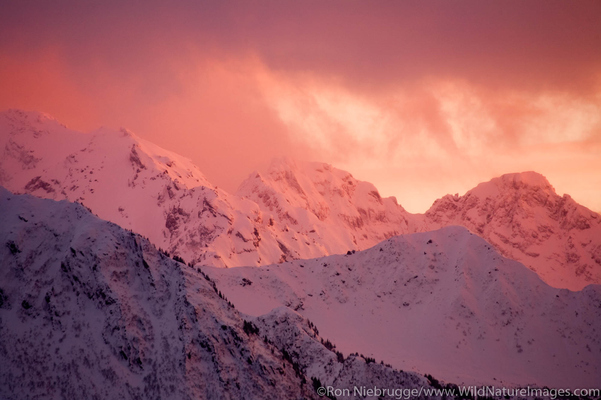 Sunset over the Resurrection Peninsula and Resurrection Bay, Seward, Alaska.