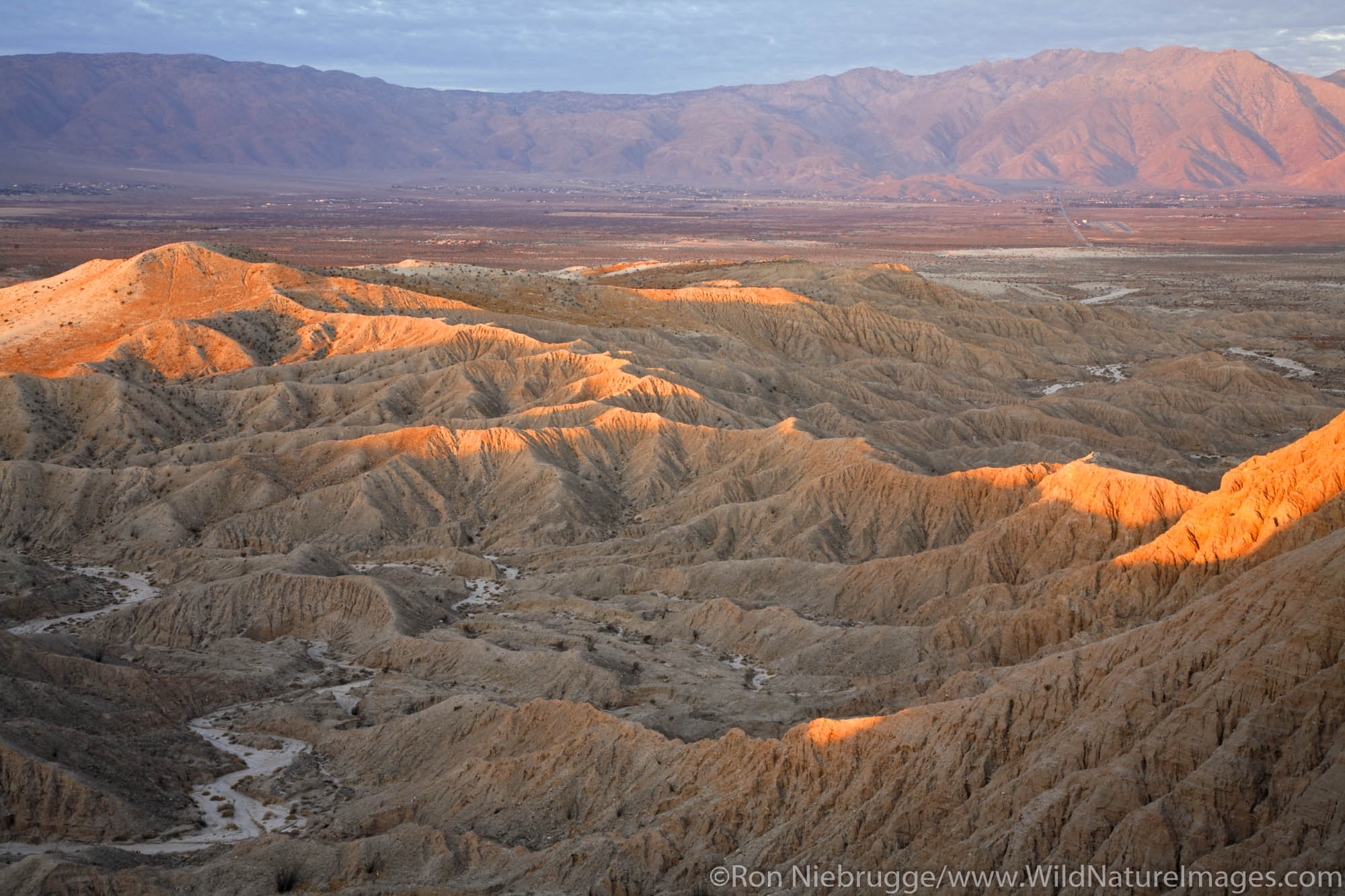 Looking towards Borrego Springs and the Badlands from Font's Point at sunrise, Anza-Borrego Desert State Park, California.