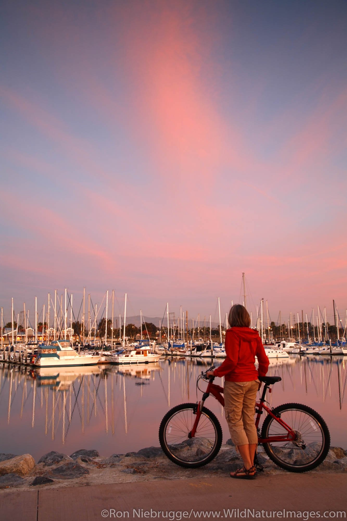 A visitor with a bike enjoys the Chula Vista Marina, Chula Vista, California.  (Model released)