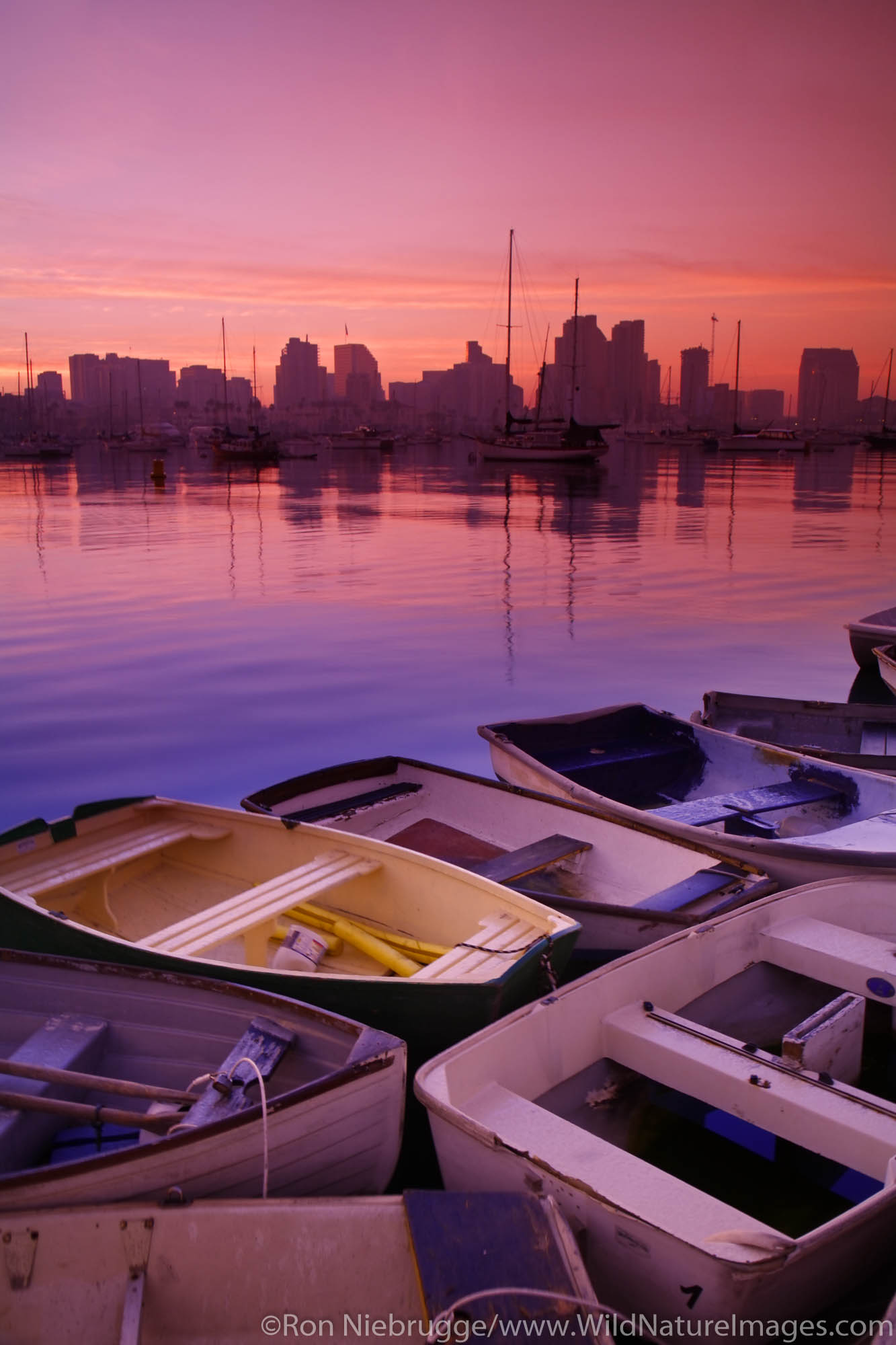 Small boats and the downtown skyline at sunrise, San Diego, California.