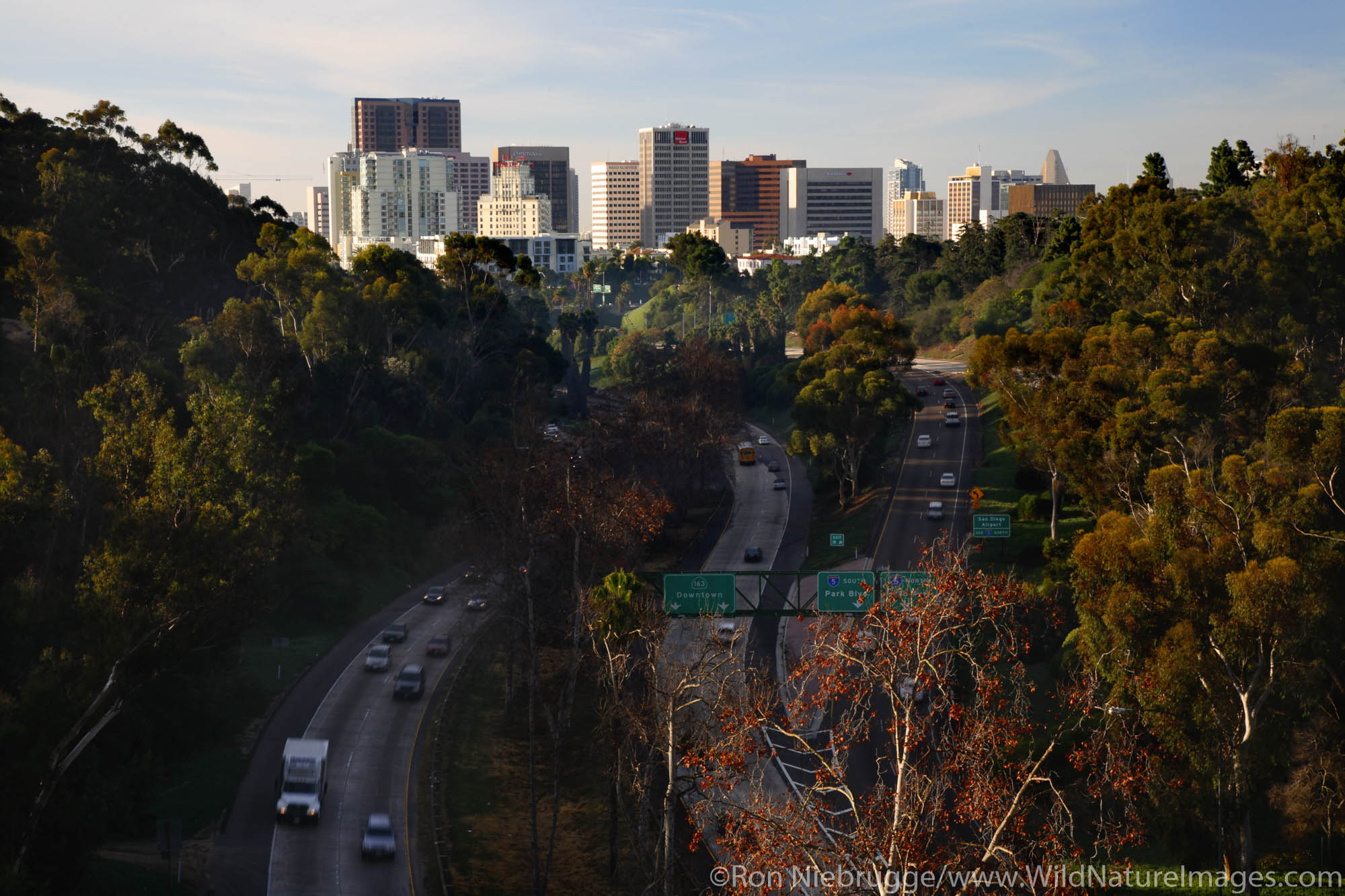 The downtown skyline from the Cabrillo Bridge, Balboa Park, San Diego, California.