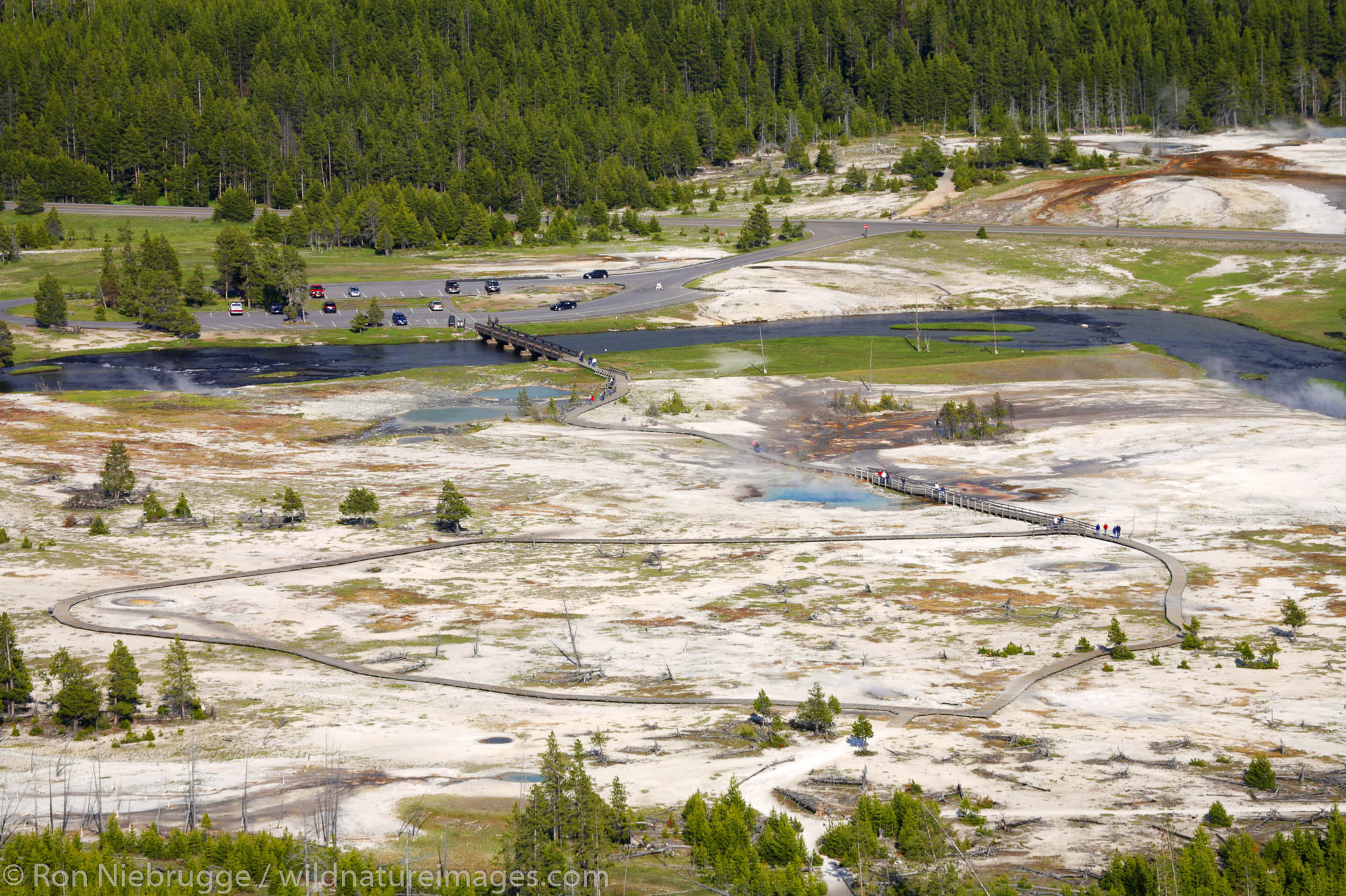 Biscuit Basin in the Upper Geyser Basin as viewed from Observation Point along the Mystic Falls Trail, Yellowstone National Park...