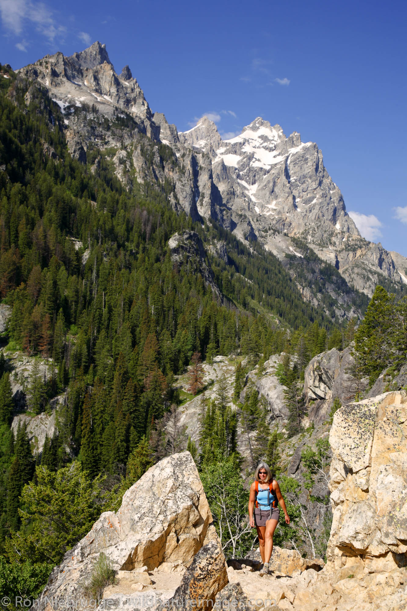 A hiker on the Cascade Canyon Trail, Grand Teton National Park, Wyoming. (MR)
