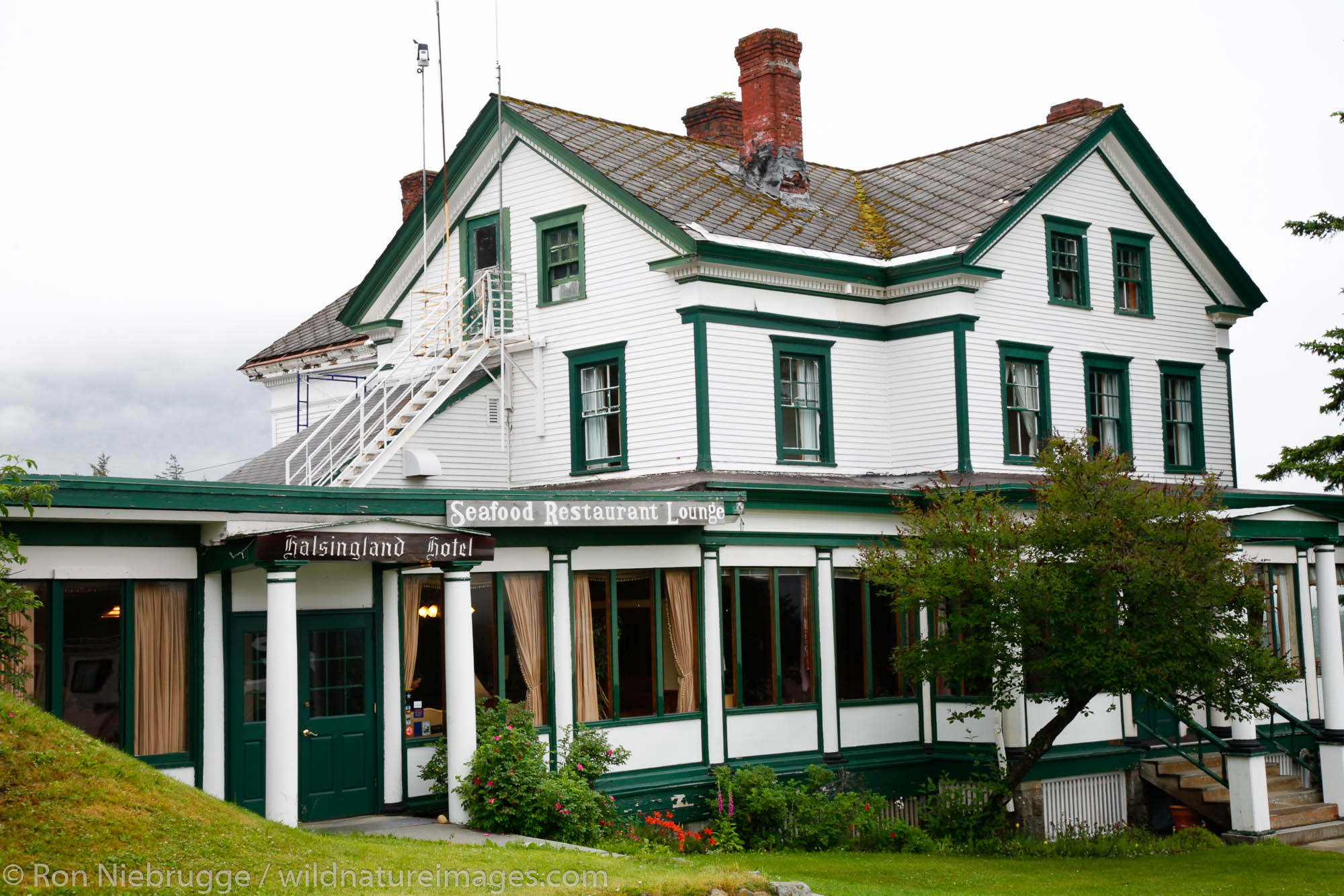 Former officers' quarters of historic Fort Seward, now the Hotel Halsingland, Haines, Alaska.