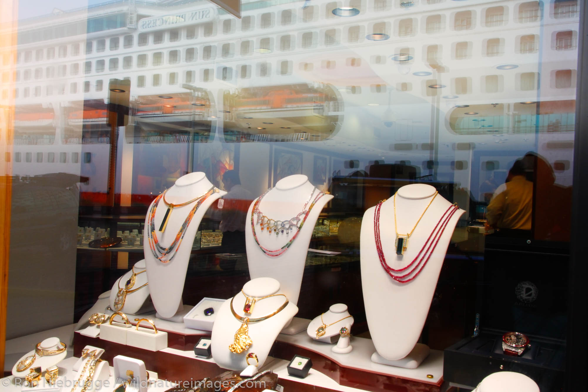 Cruiseship reflected in the window of a jewelry store, Ketchikan, Alaska
