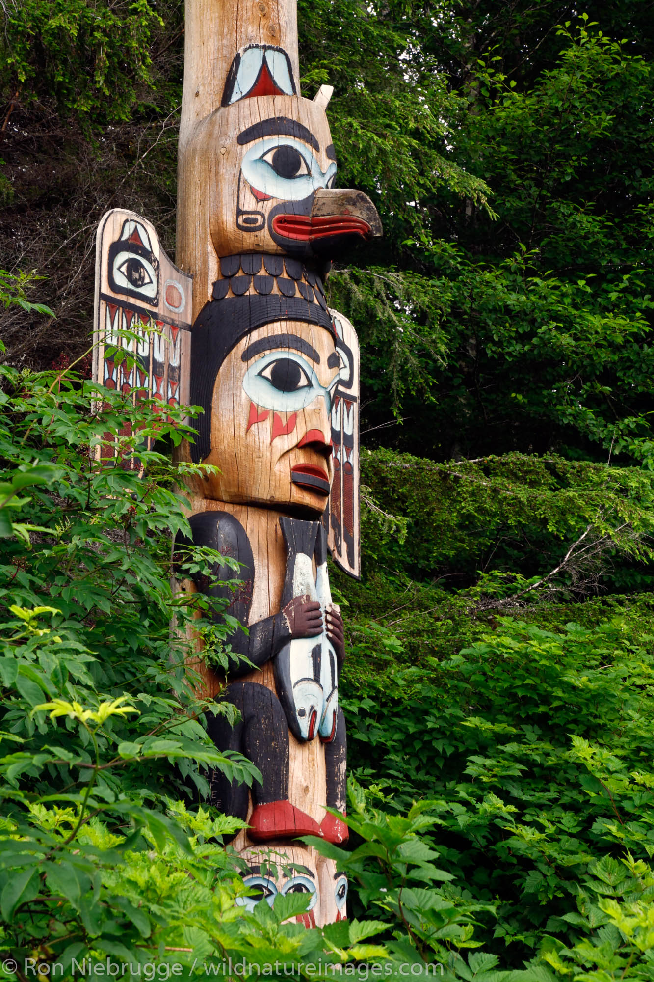 The base of the Kadjuk Bird Pole (pole 12), Totem Bight State Historical Park, Ketchikan, Alaska