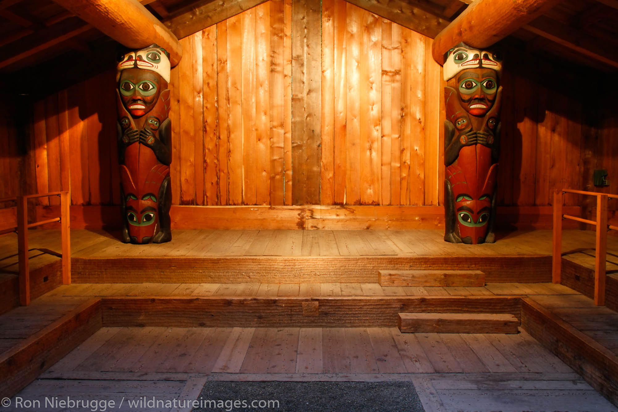 The interior of the Clan House, Totem Bight State Historical Park, Ketchikan, Alaska
